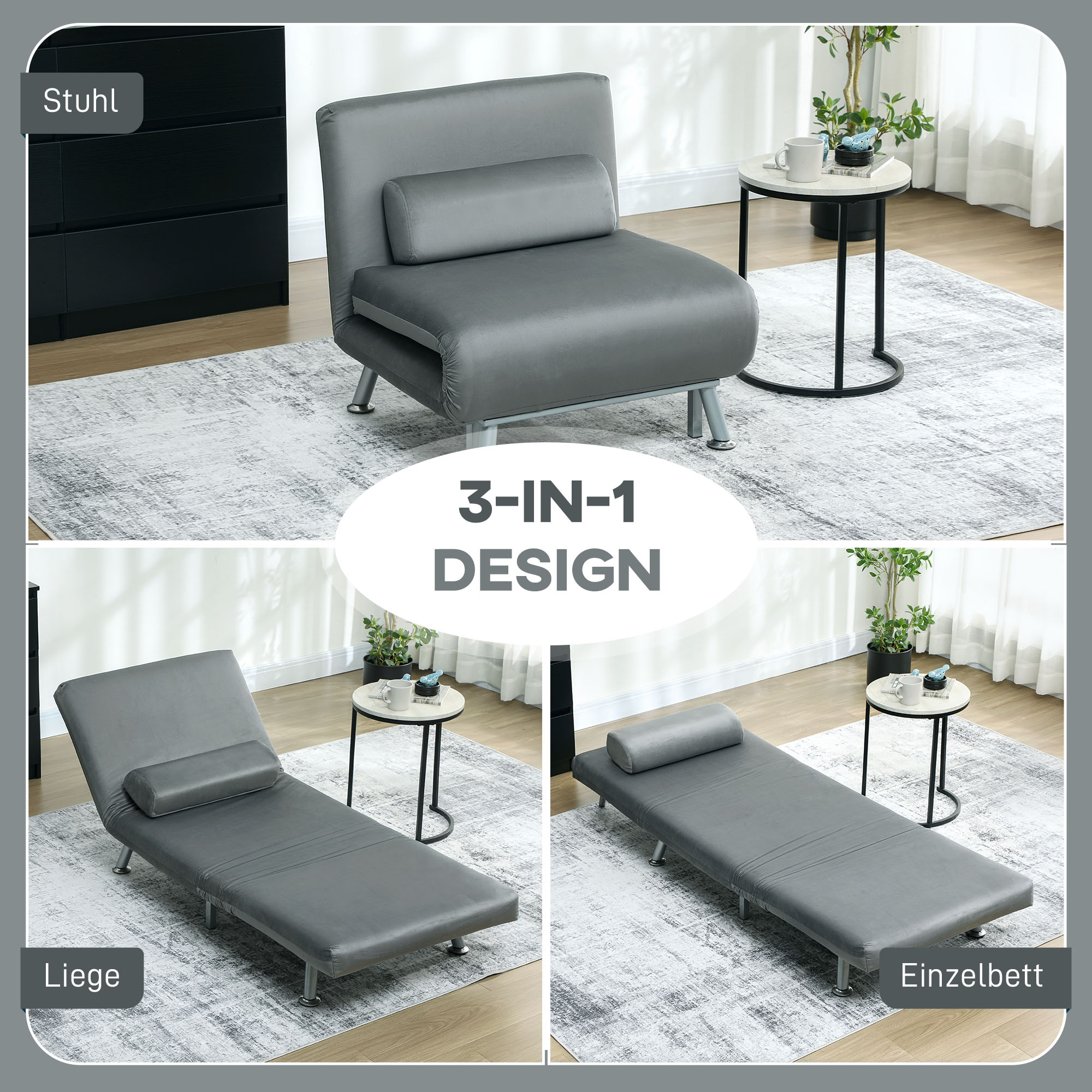 Klappsessel mit Bettfunktion, klappbarer Relaxsessel in Samtoptik, Verstellbare Rückenlehne, 75 x 70 x 75 cm, Grau