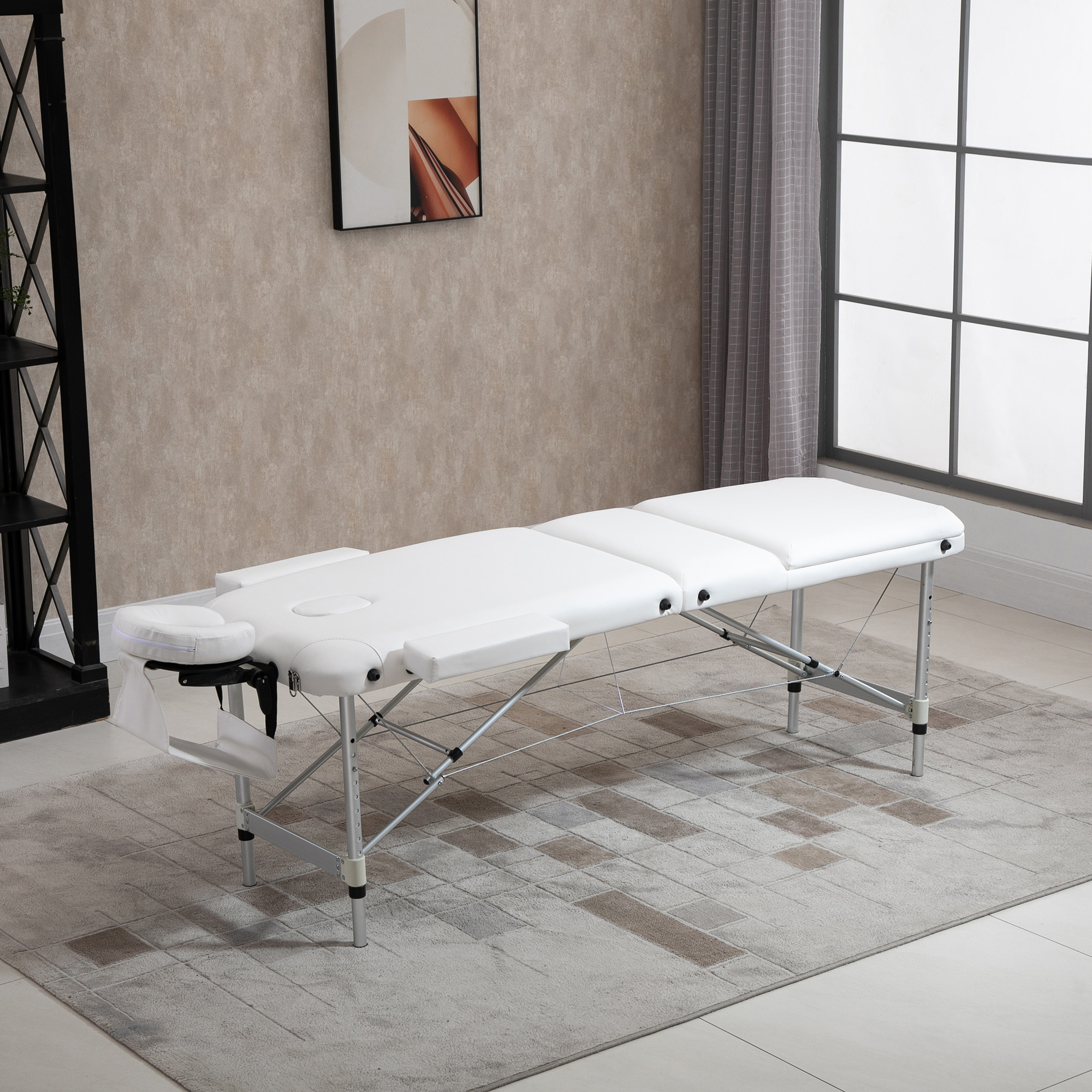 mobile Massageliege 3 Zonen klappbar Massagetisch mit Kopfstütze Armlehne Tragetasche höhenverstellbare Aluminium Massagebett tragbar inkl. Zubehör Massagebank bis 225 kg Belast Weiß