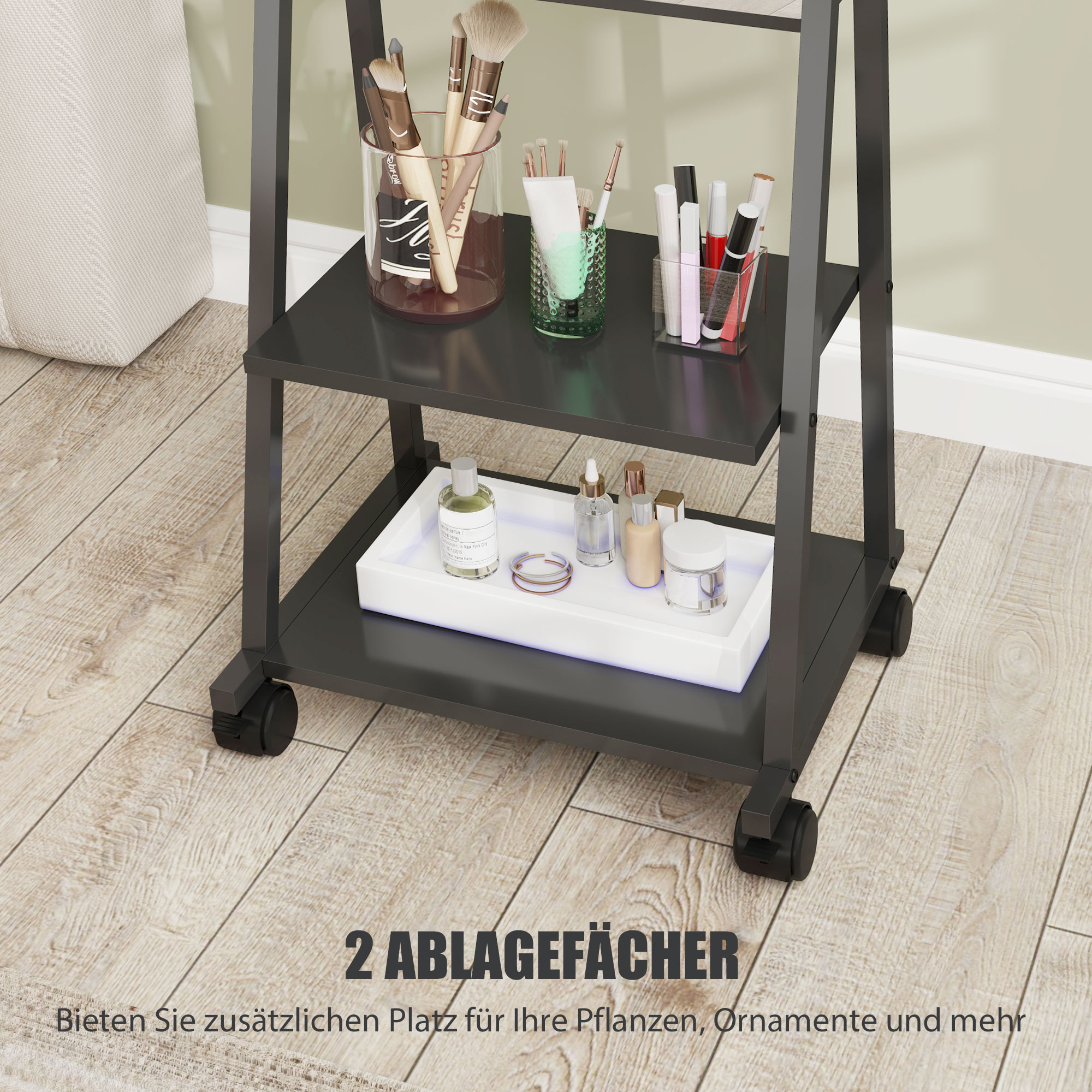 Rollbarer Ganzkörperspiegel mit 2 Regalen und 4 Rädern, für Schlafzimmer, Wohnzimmer, Flur, Schwarz