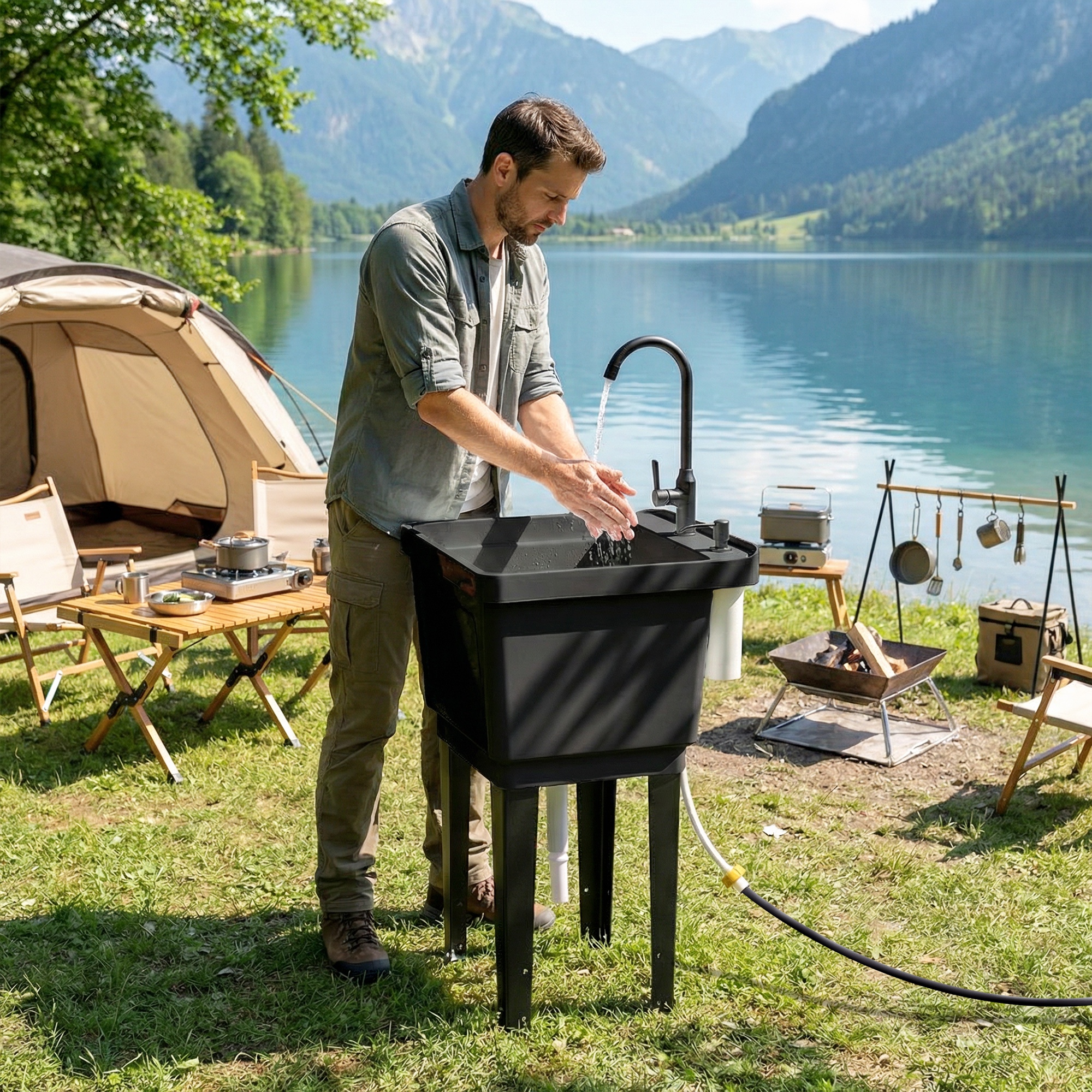 tragbares Camping-Waschbecken mit Seifenspender, Wasserhahn, Einlass- und Ablaufschläuchen, Schwarz