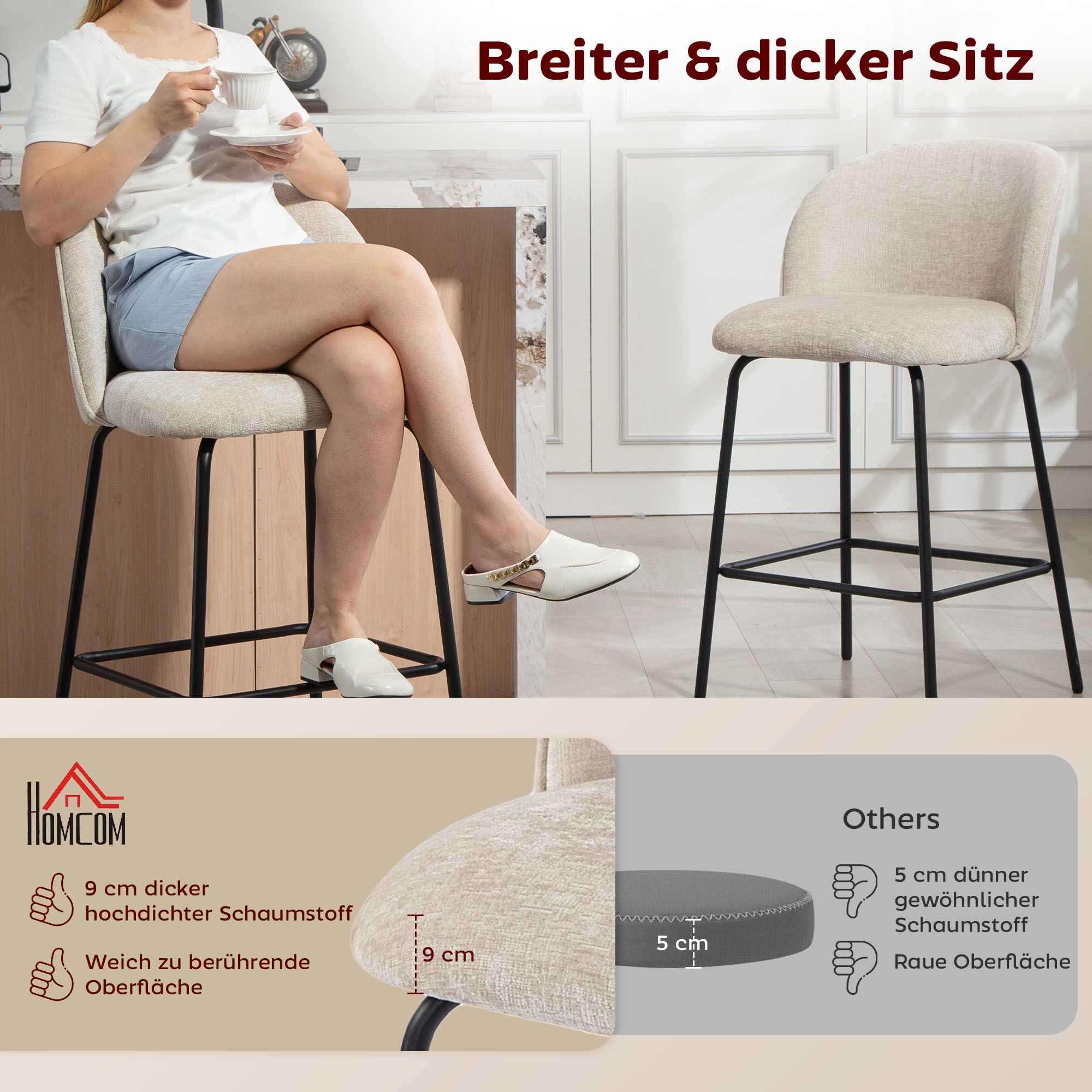 2er-Set Barhocker mit Rückenlehne und Fußstütze, Polsterstühle mit Stahlbeinen für Kücheninsel, Esszimmer, Beige
