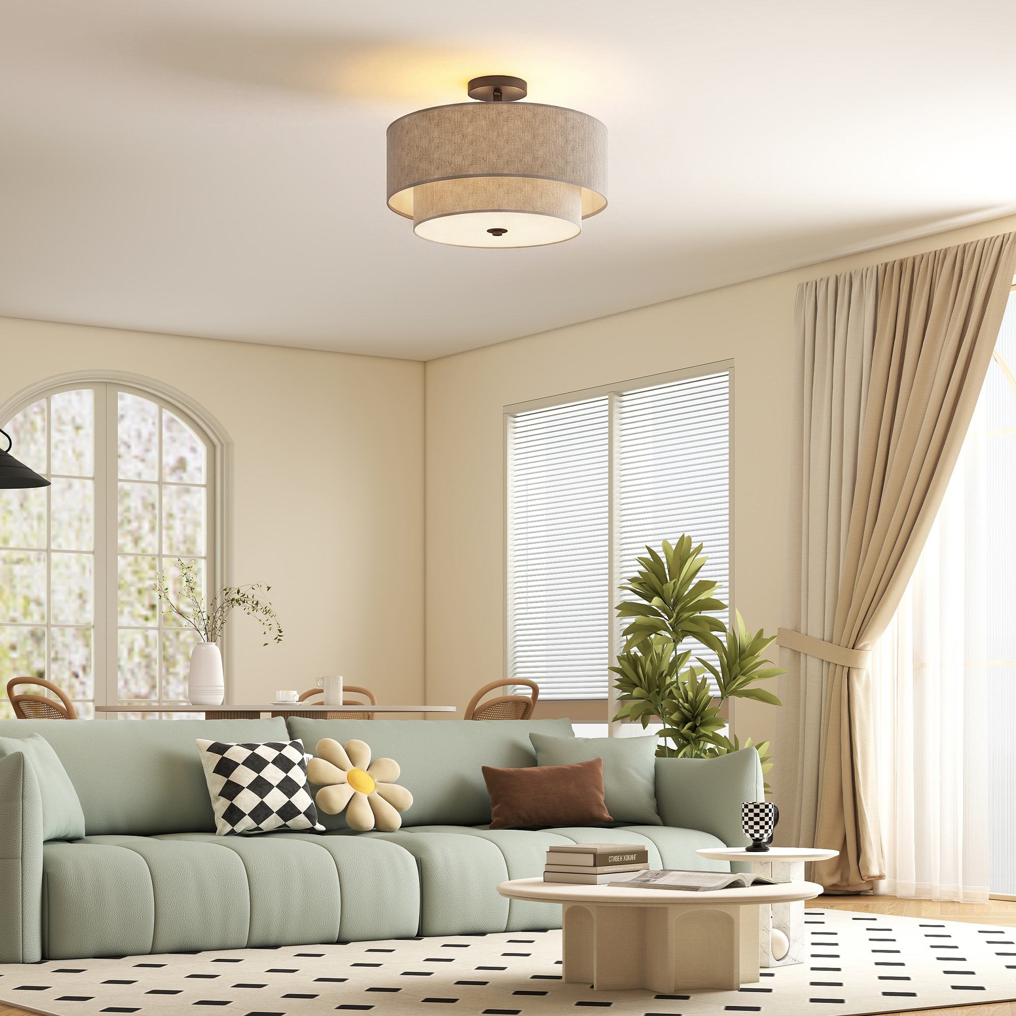 Deckenlampe, Hängeleuchte mit doppelten Schirmen in Leinenoptik, Taupe