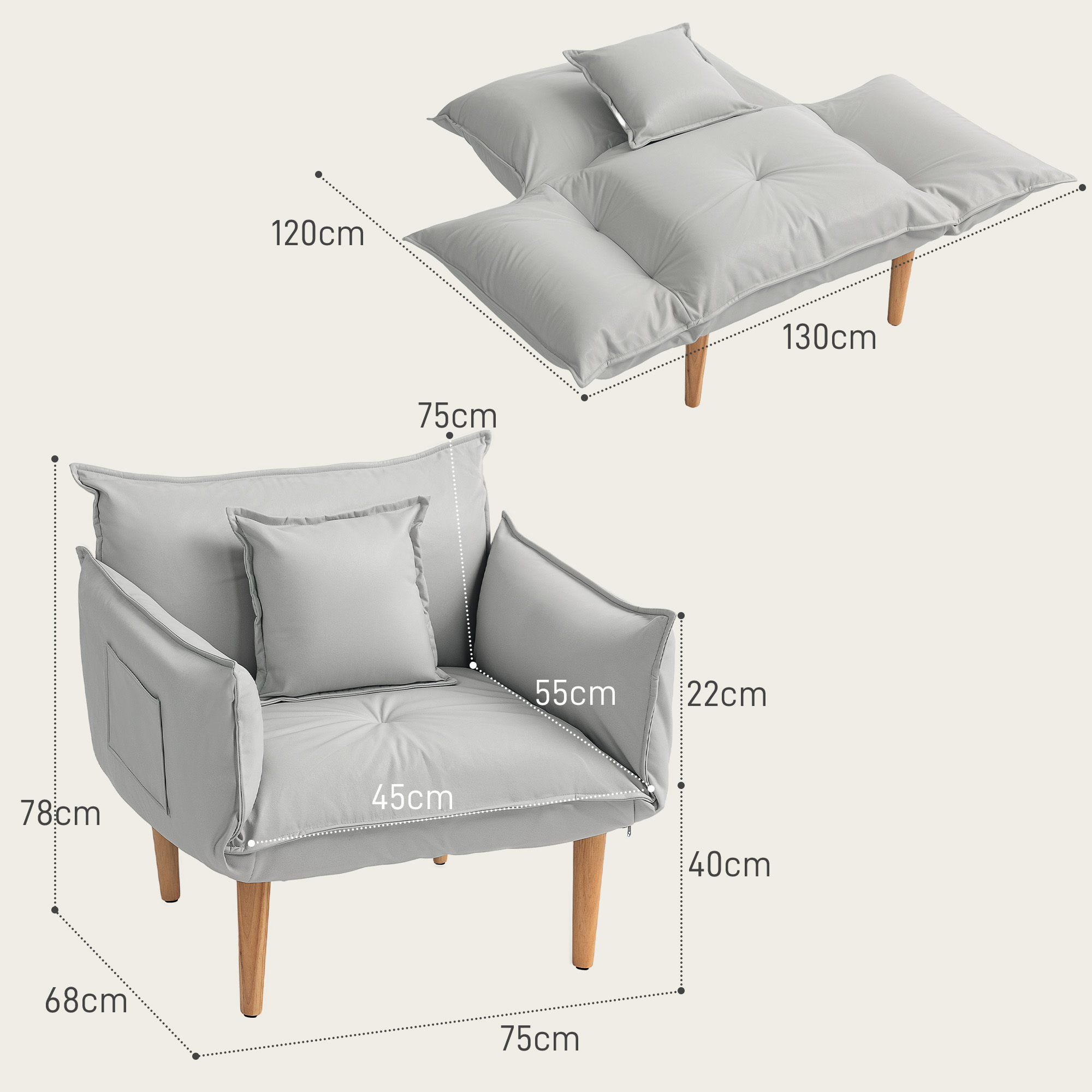 2-in-1 Verstellbarer Loungesessel, Bodensessel mit Kissen, Polstersessel, für Wohnzimmer, Schlafzimmer, Hellgrau