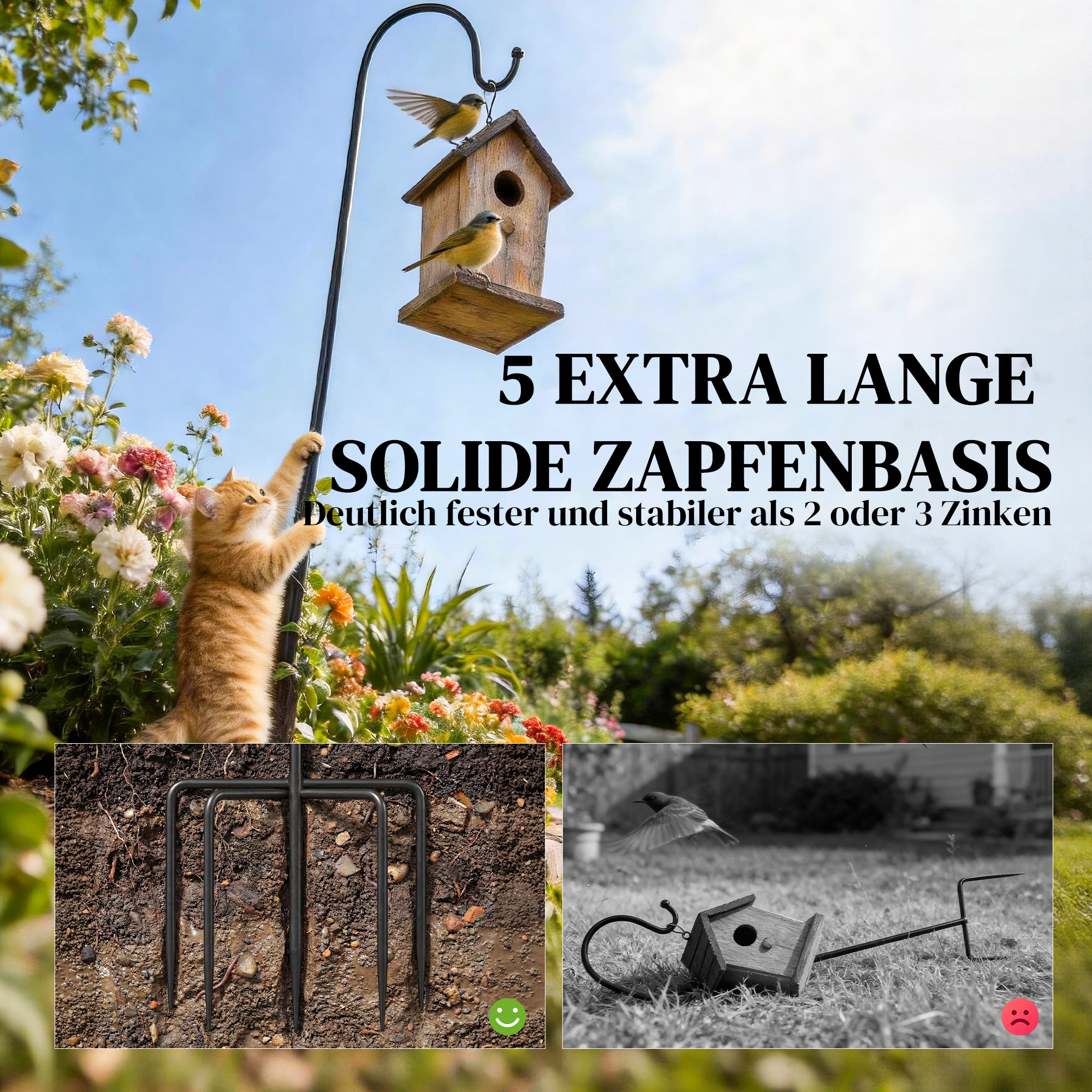 Schäferhaken 160cm, 2 Stück Hirtenhaken mit 5 Zinken Haken Laternenstab für Solarleuchten Pflanzkörbe Schwarz