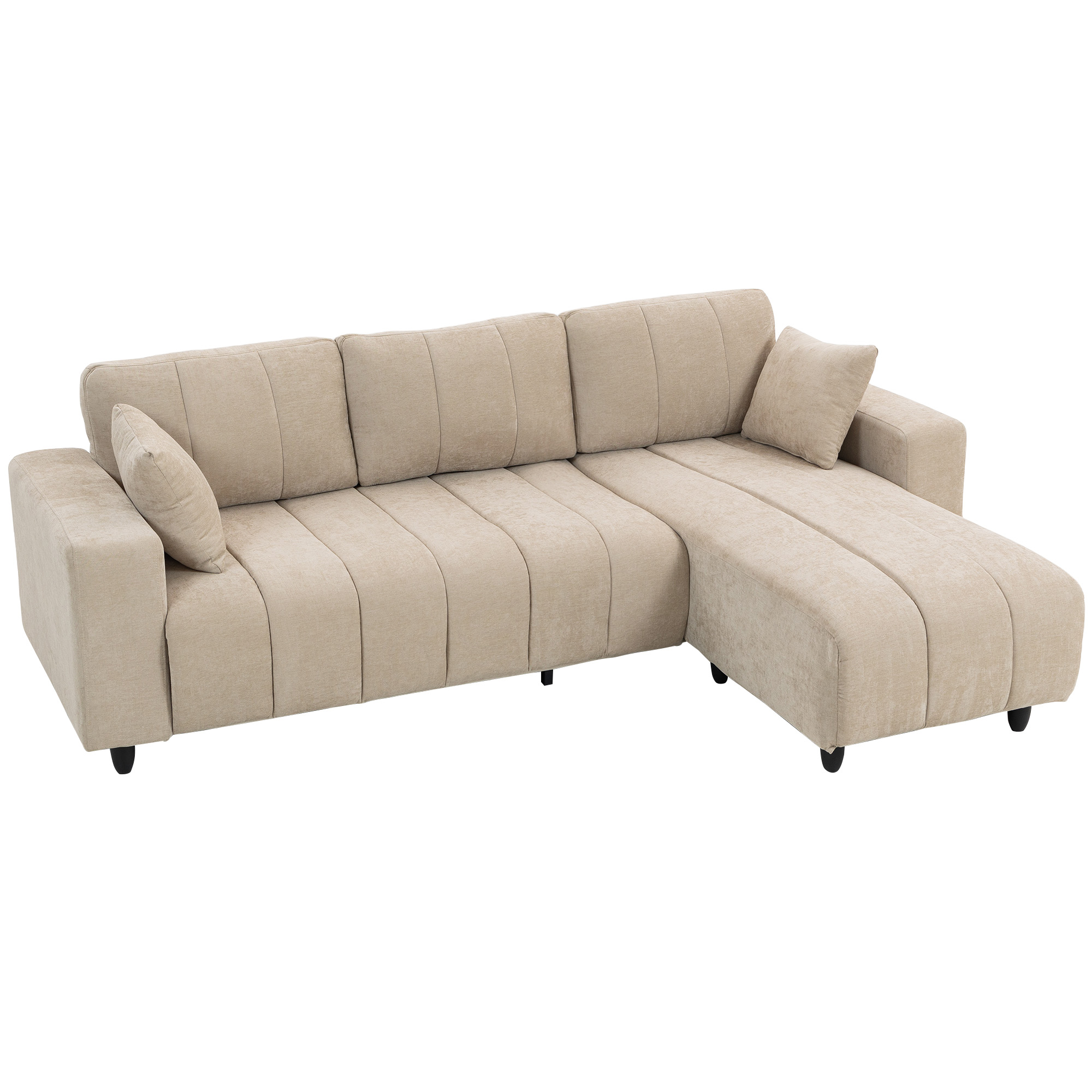 L-förmiges Ecksofa mit flexibler Chaiselongue, 3-Sitzer-Couch mit 2 Kissen, Metallrahmen, für Wohnzimmer, Beige
