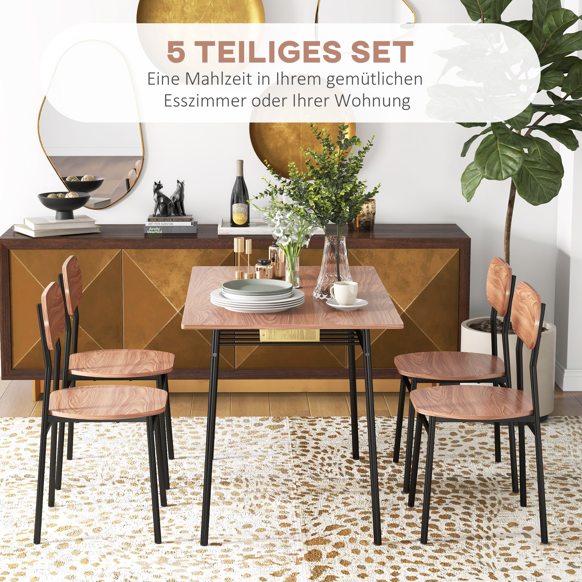 Essgruppe Tisch mit Stühlen Esszimmertisch, Industriedesign, 110 cm x 70 cm x 75 cm, Braun