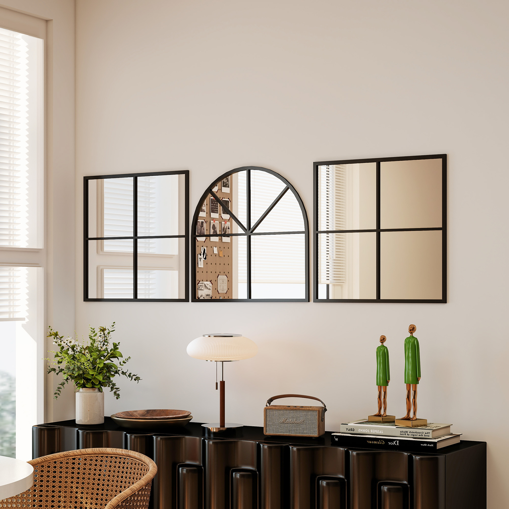 Wandspiegel dreiteilig, bogenförmiger Spiegel mit Metallrahmen, dekorativ 60 x 2 x 180 cm Schwarz