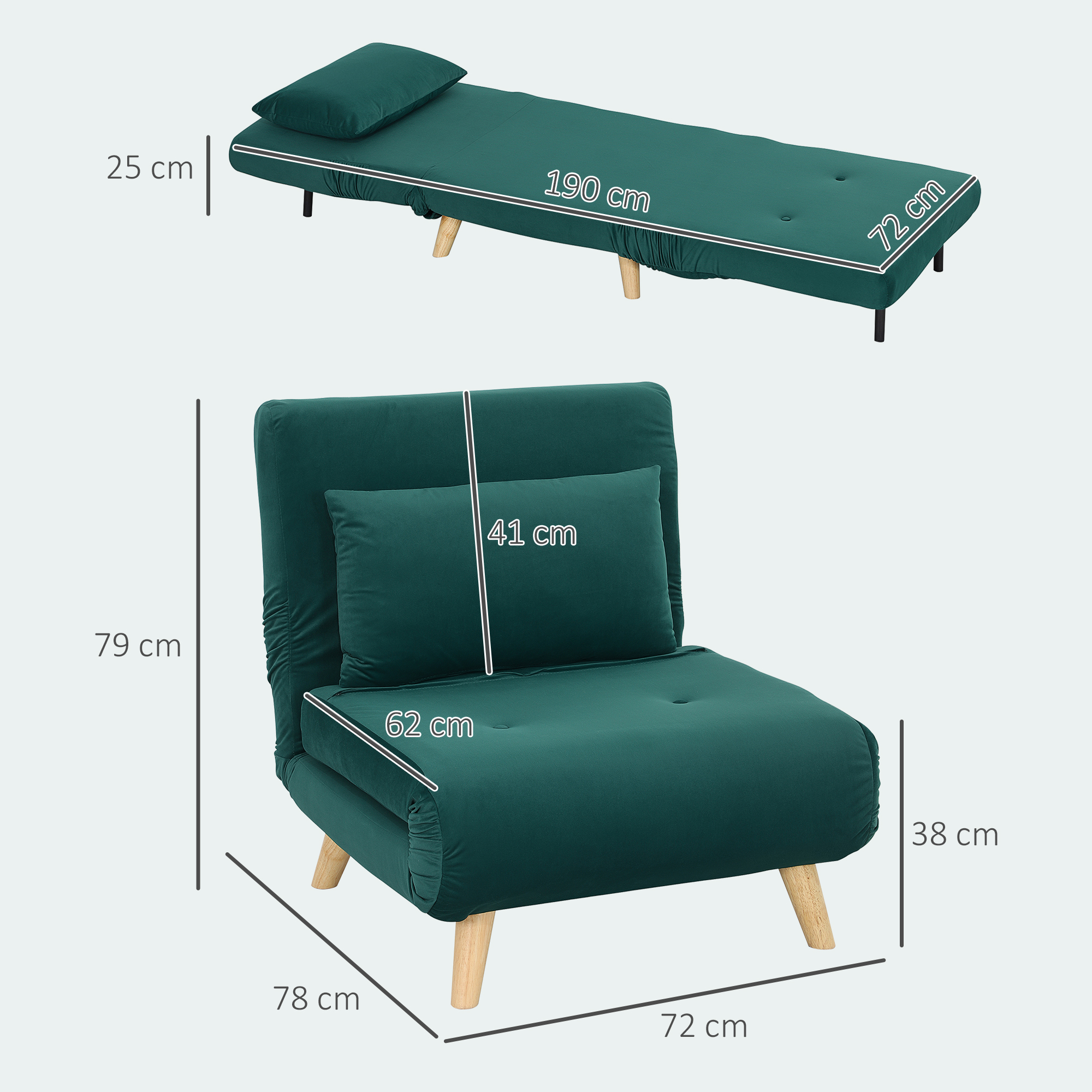 Klappsessel mit Bettfunktion, Klappbarer Relaxsessel in Samtoptik, Verstellbare Lehne, bis 120 kg belastbar, Dunkelgrün