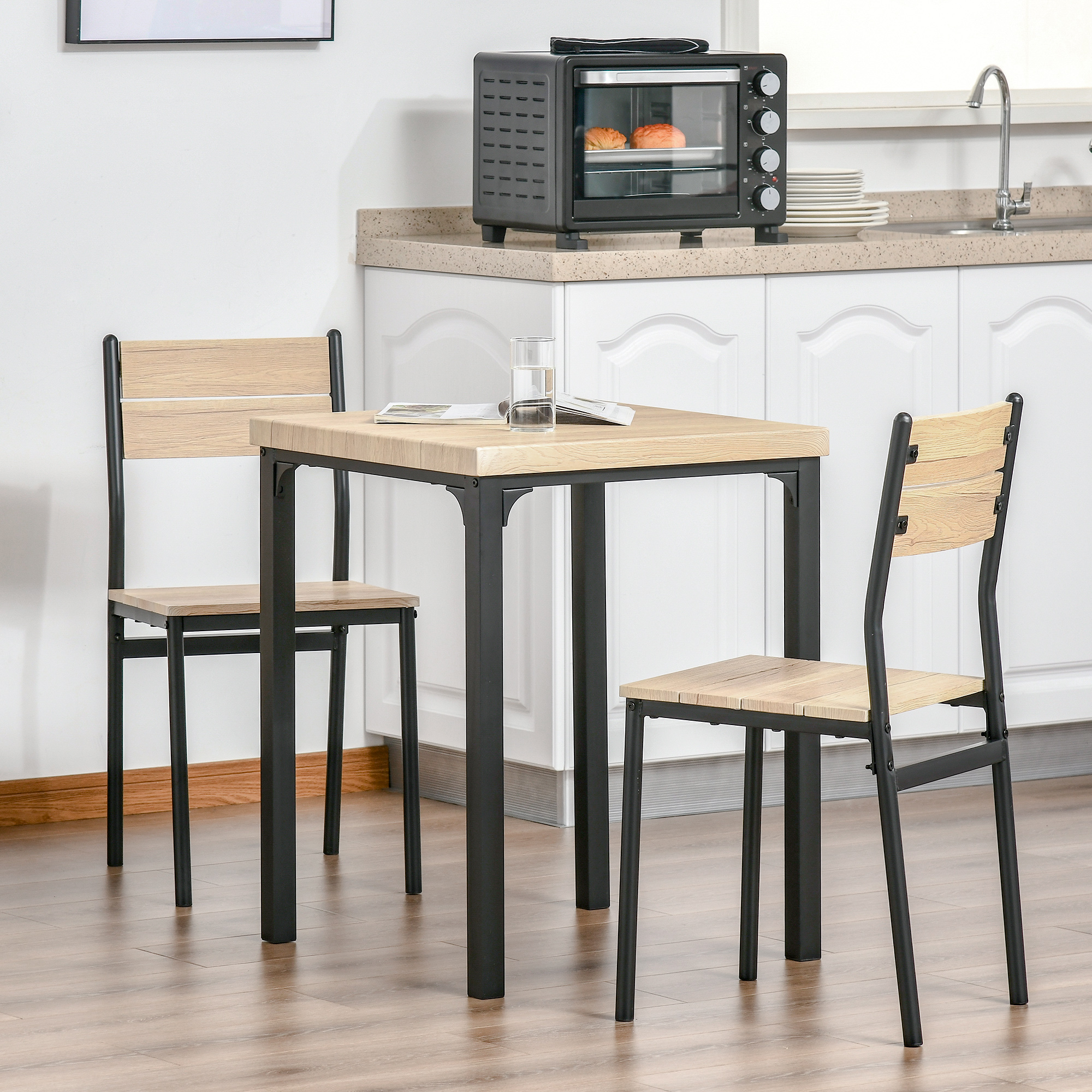3-teilige Esstisch Küchentisch mit Stühlen Set Naturholzmaserung + Schwarz mit 1 Tisch + 2 Stühlen