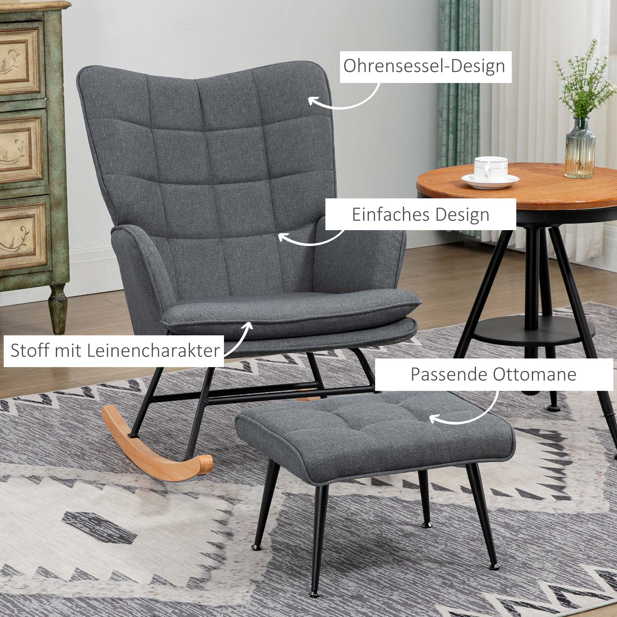 Schaukelstuhl mit Hocker, komfortabel, bis 130 kg, Leinenoptik, 64x89x90cm, Grau