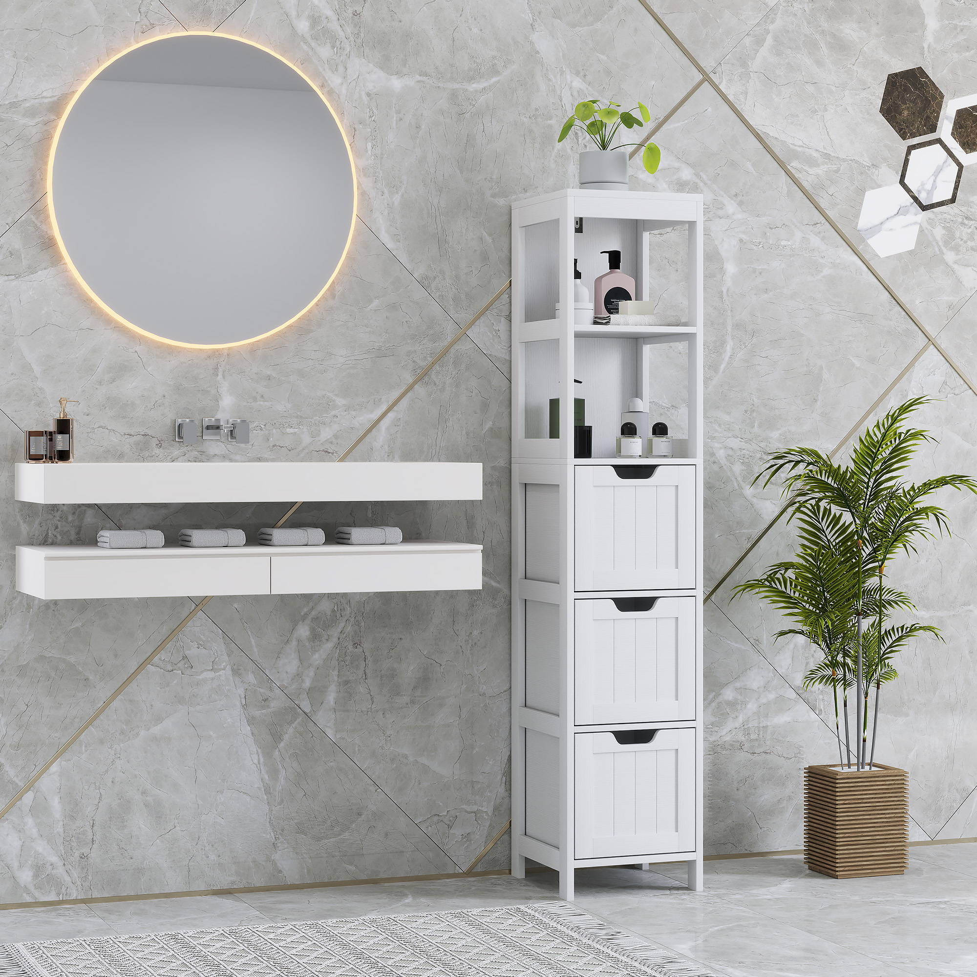 Badezimmerschrank, 2 Regale, 3 Schubladen, wasserabweisendes Material, Weiß