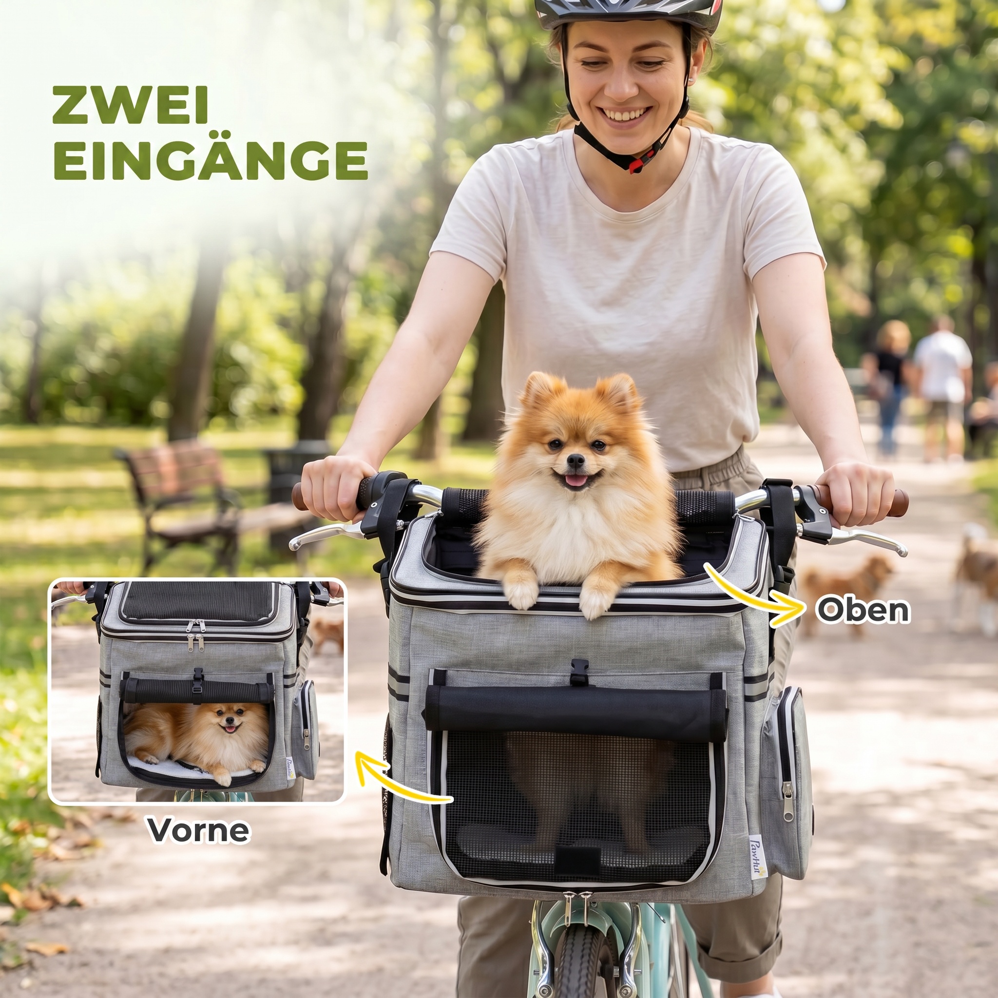 Hundekorb Fahrrad Vorne Tragbar Hundefahrradkorb mit Sicherheitsleine Kissen Schüssel für Kleine Hunde bis 5kg Hellgrau