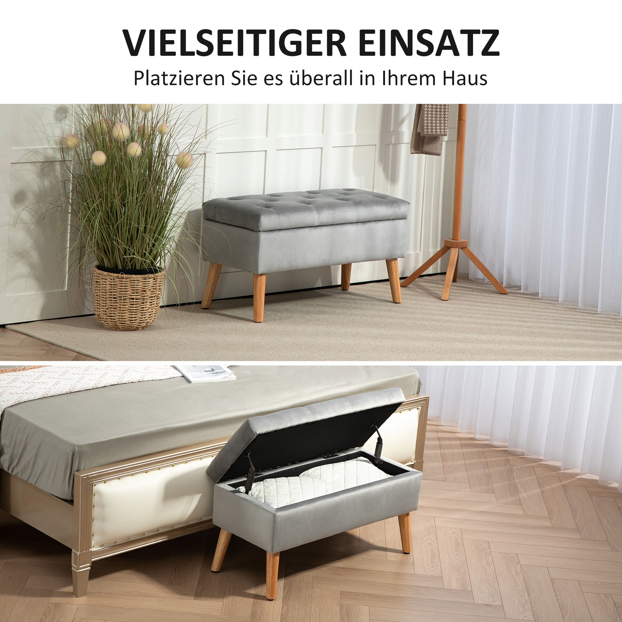 Polsterbank mit Stauraum, Stoffbezug in Samtoptik, Holzbeine, für Wohnzimmer, Schlafzimmer, Flur, 80 x 35 x 40 cm, Grau