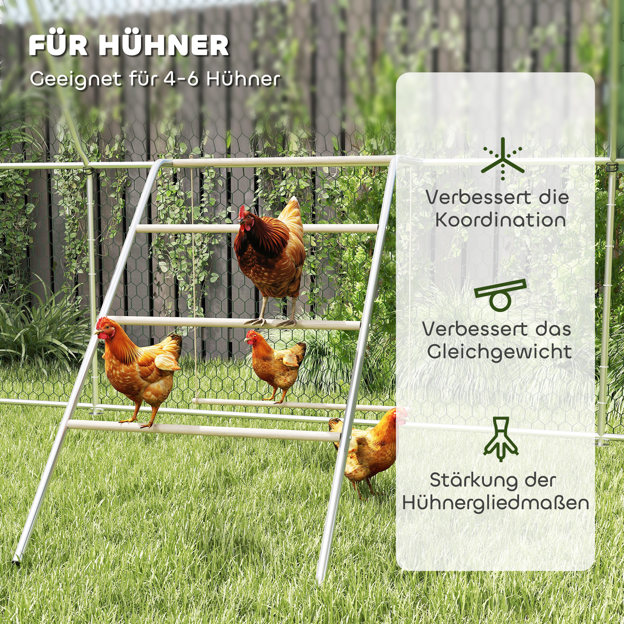 Hühner Spielgerüst aus Holz, Spielplatz für Hühnern mit Hühnerstangen, verstellbar Schaukel, 82 x 150 x 110 cm Silber
