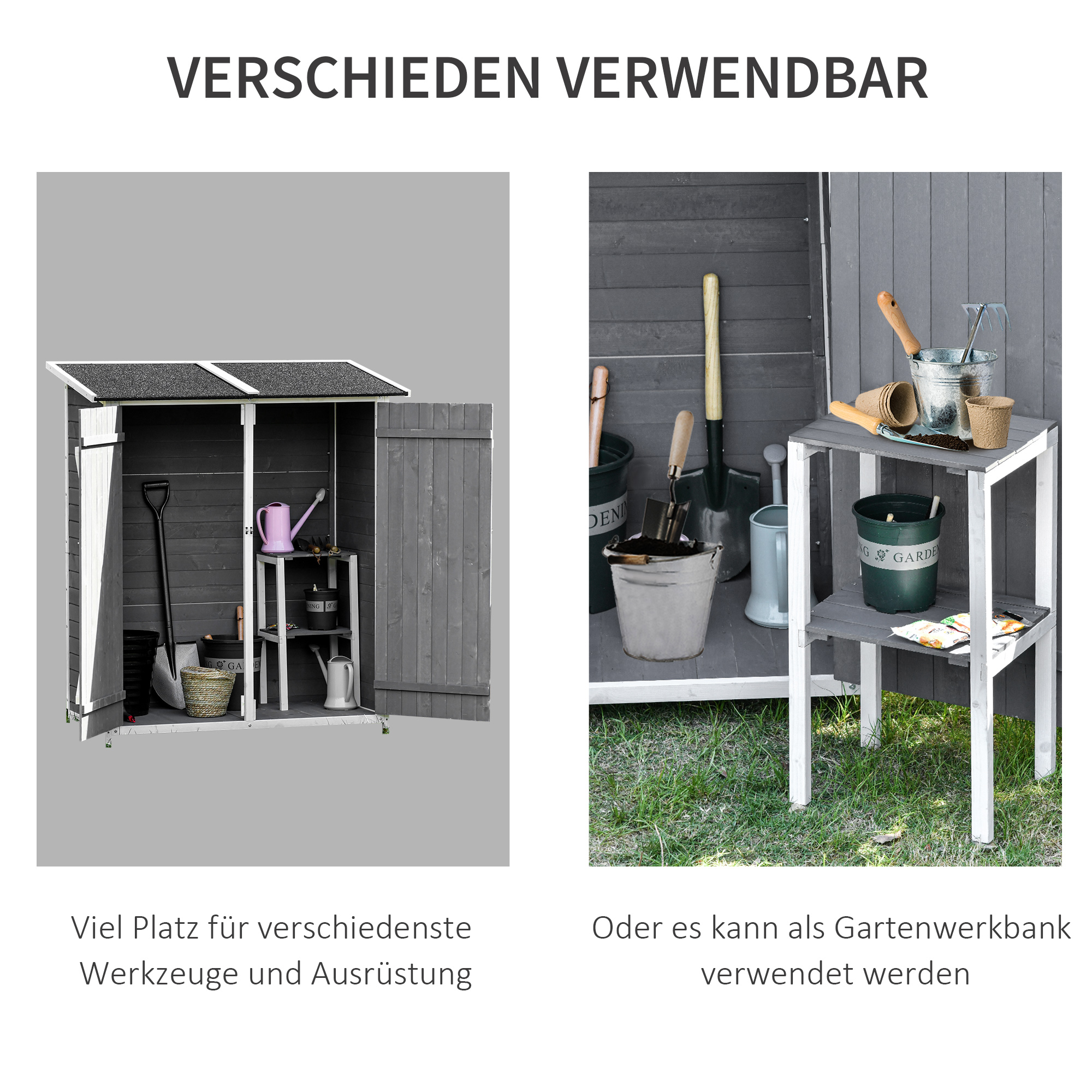 Gartenschrank Geräteschuppen mit 2 Tür Geräteschrank mit Asphaltdach Gartenlagerschrank Antidumping Design mit Bodennägel Tannenholz Grau+Weiß 139 x 75 x 160 cm