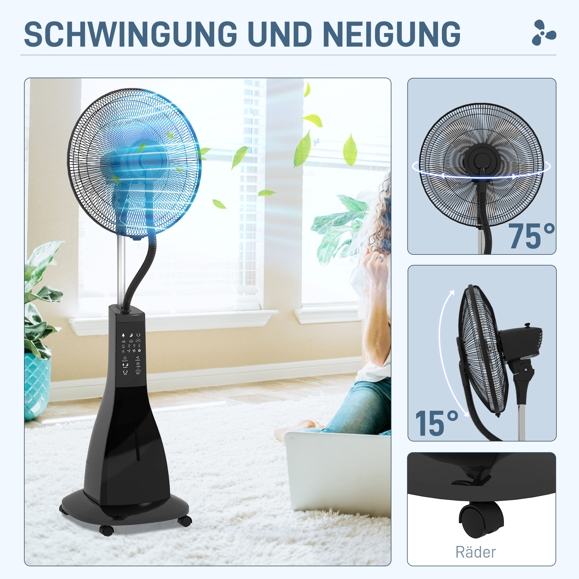 Standventilator mit Luftbefeuchtung, leise, mobil, Fernsteuerung, Schwarz