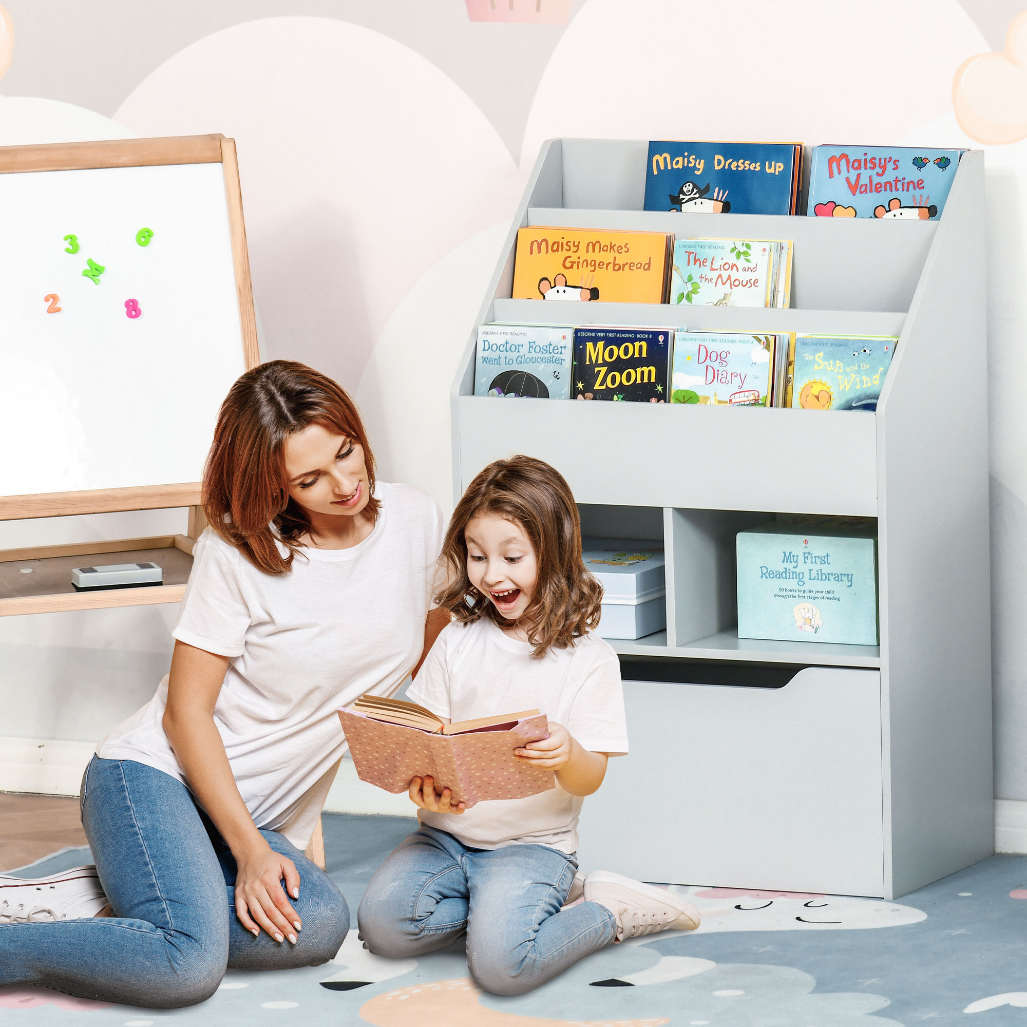 Kinderregal mit Schublade, Bücherregal mit Fächern, 60 x 29,9 x 90 cm, Grau