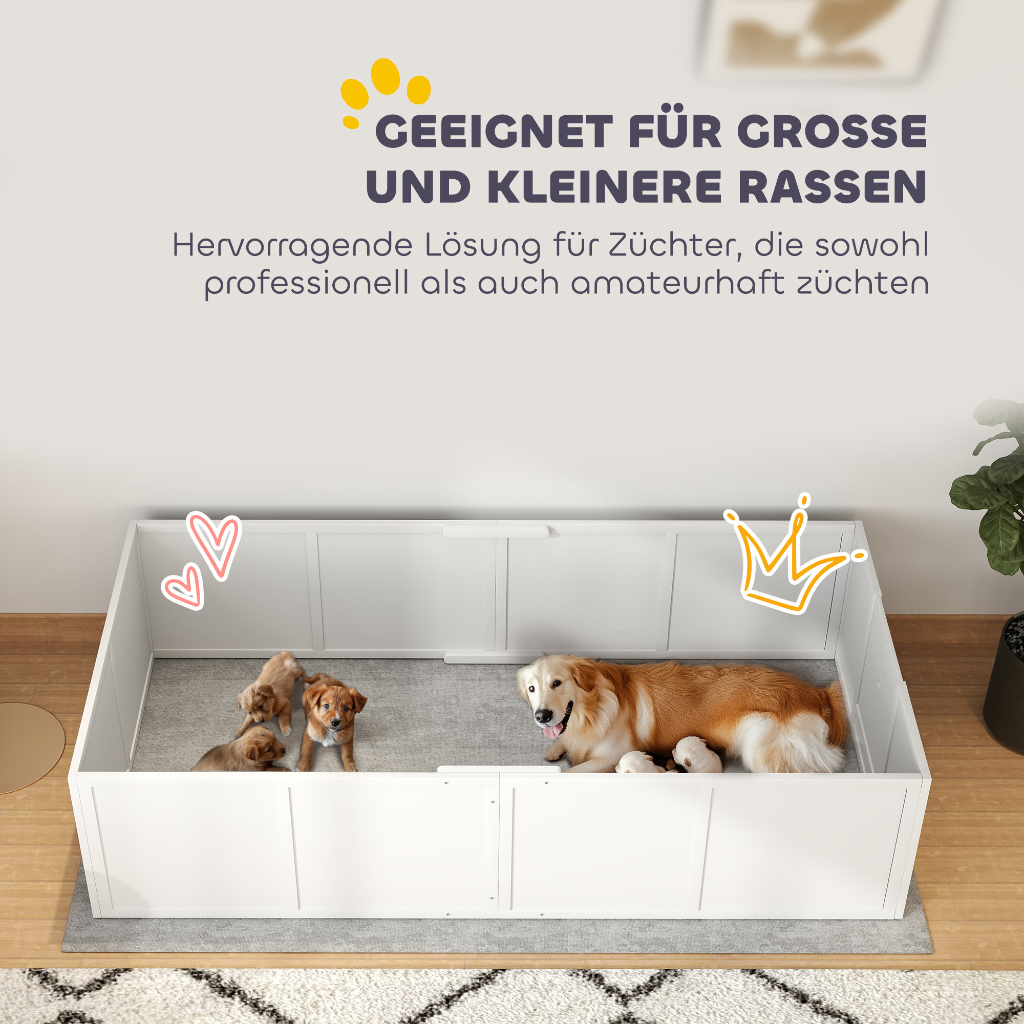 Hunde-Wurfbox für Hunde und Welpen, mit verstellbaren Eingängen, für große und kleine Hunde, 196 x 96 x 48 cm, Weiß