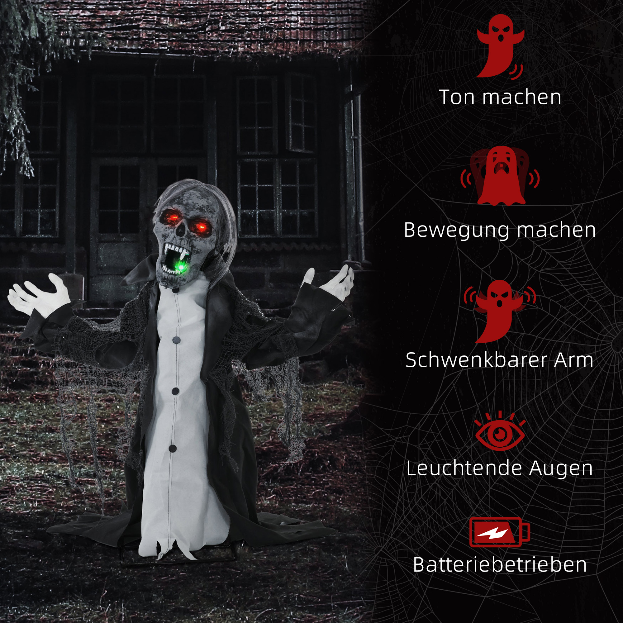 Halloweendeko, Skelett/Zombie, beweglich, Bewegungssensor, LEDs & Sounds, 75 cm