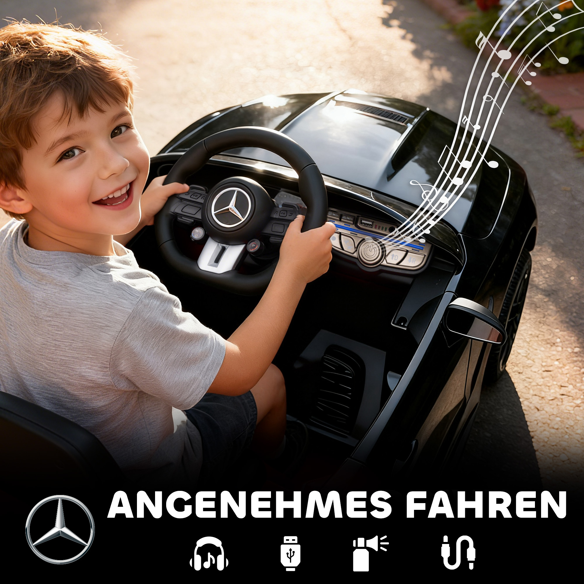 Kinder-Elektroauto, Mercedes-Design, 12V Motoren, Fernbedienung, LED-Lichter, Musik, für 3-6 Jahren Kinder, Schwarz