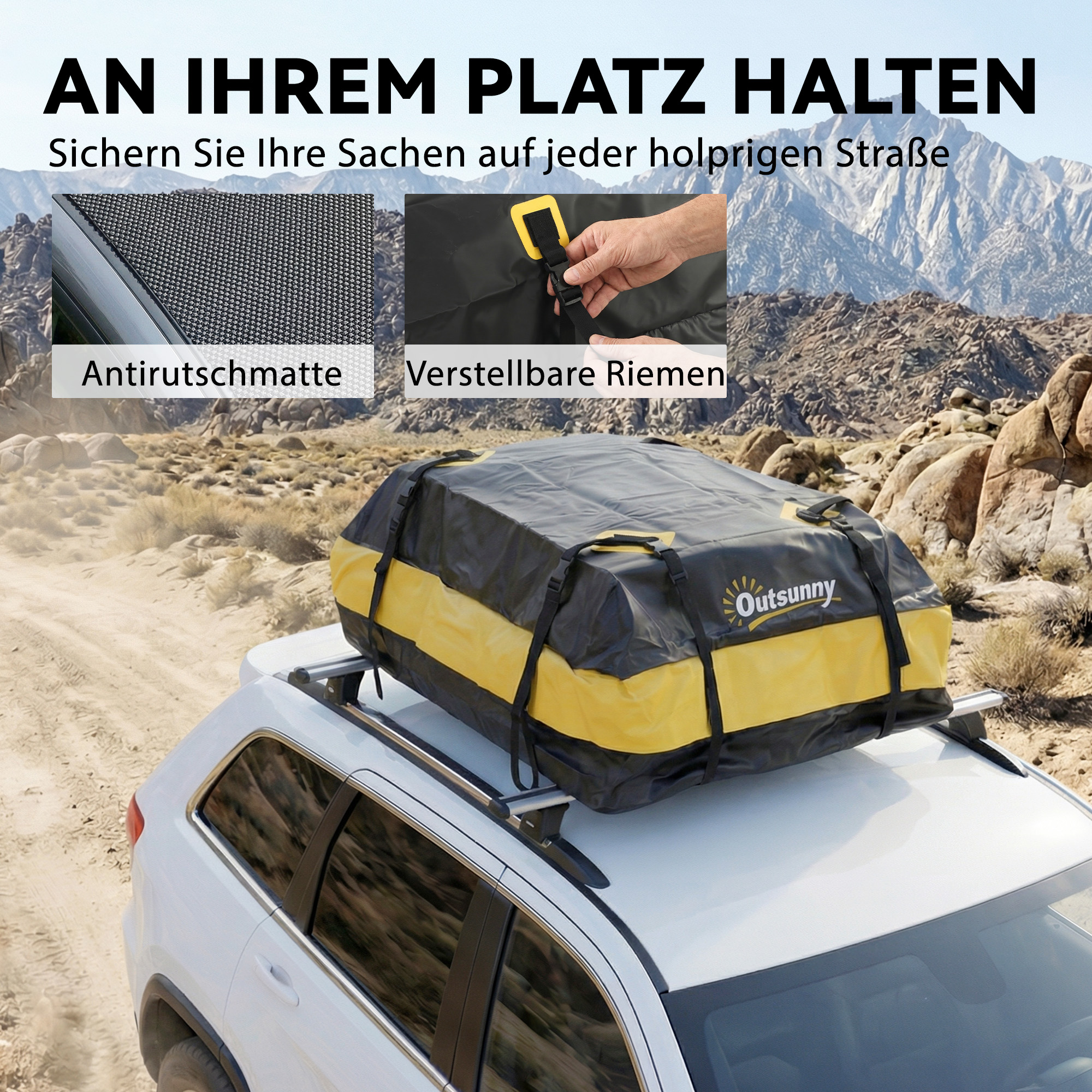 wasserdichte Dachbox Auto 425L für Fahrzeugdächer mit/ohne Gepäckträger Gepäckbox mit 8 Verstärkte Gurte Türhaken Gelb