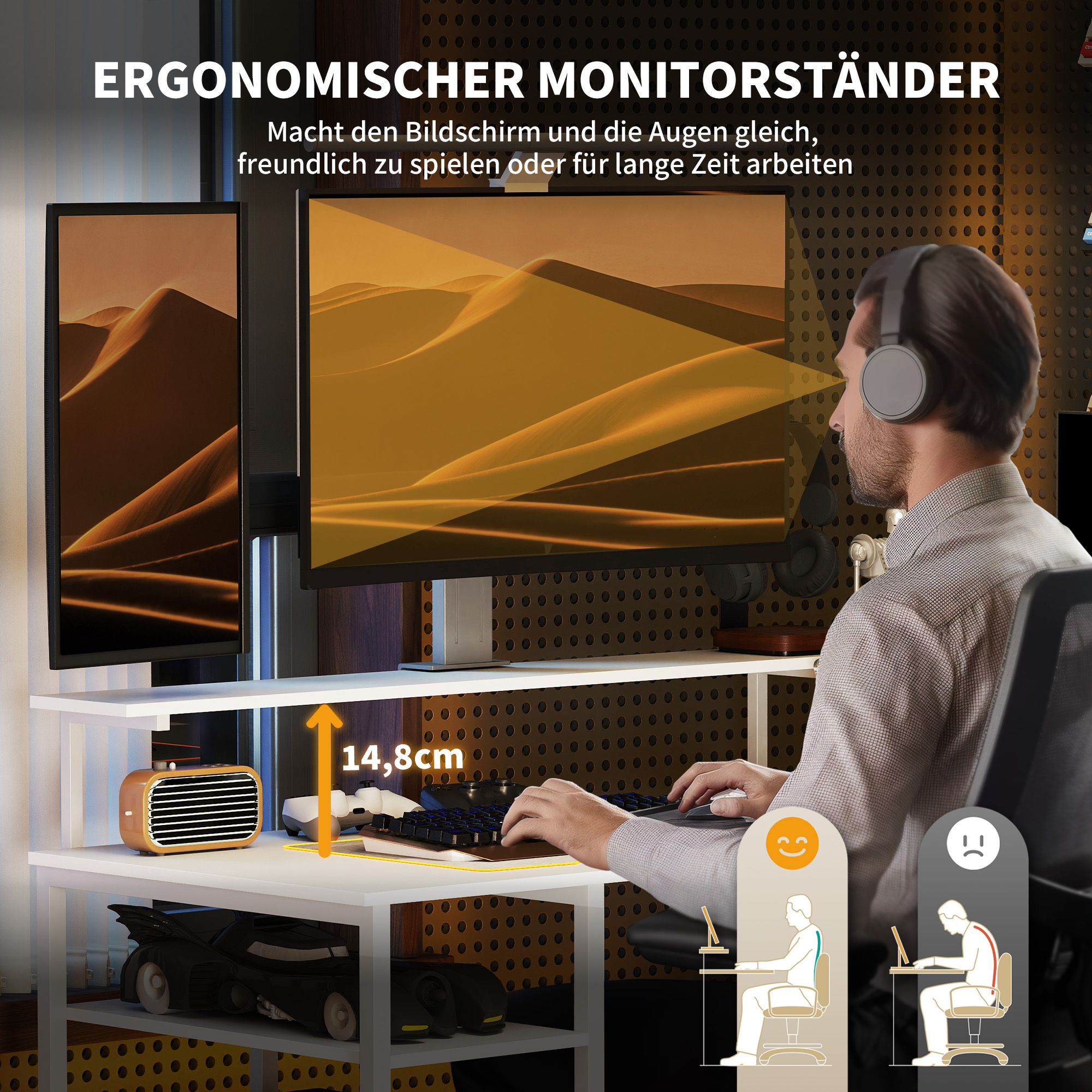 L-förmiger Schreibtisch mit Ladestation, Eck-Computertisch mit Monitorständer und Regalen, für Homeoffice, Büro, Weiß