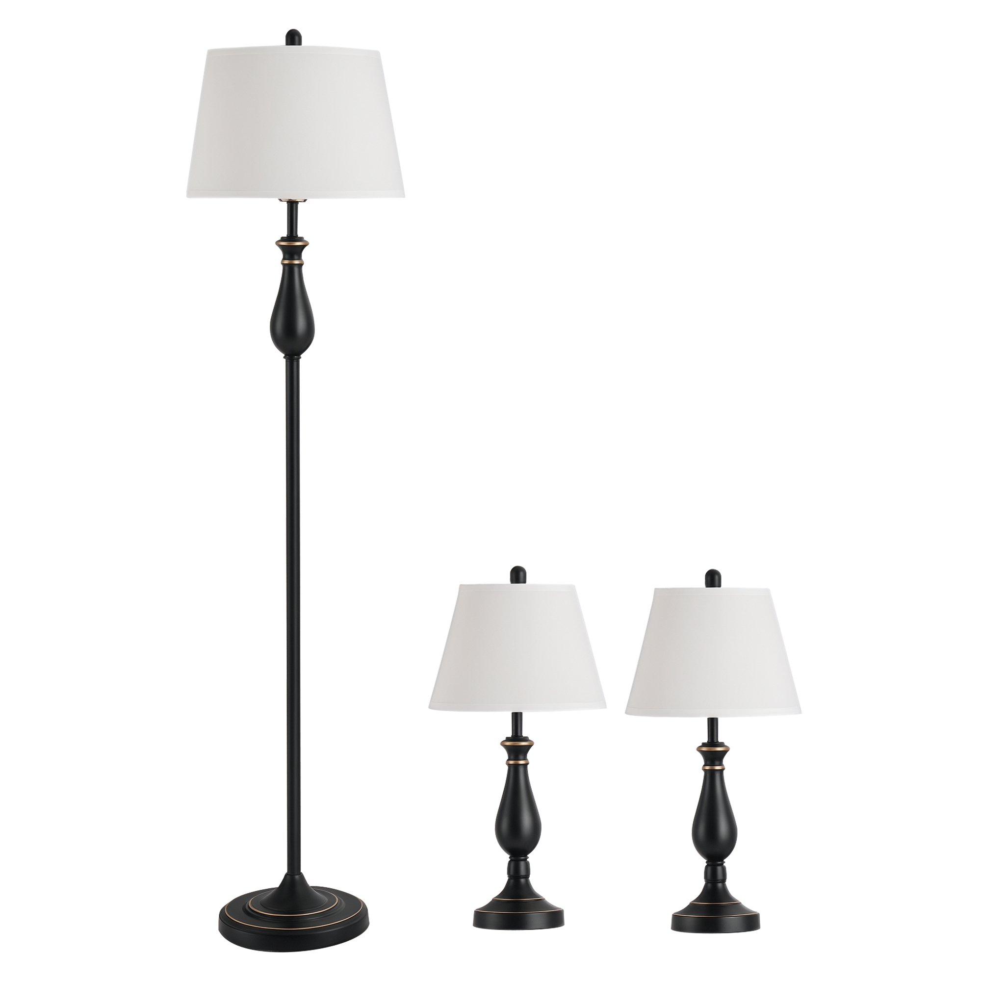 3er-Lampenset 2 Tischlampe(ø30 x 62H cm) + 1 Stehlampe(ø38 x 158H cm)  Vintage, Schwarz+Weiß, Metall, PS, Polyester, Baumwolle E27 Lampensockel