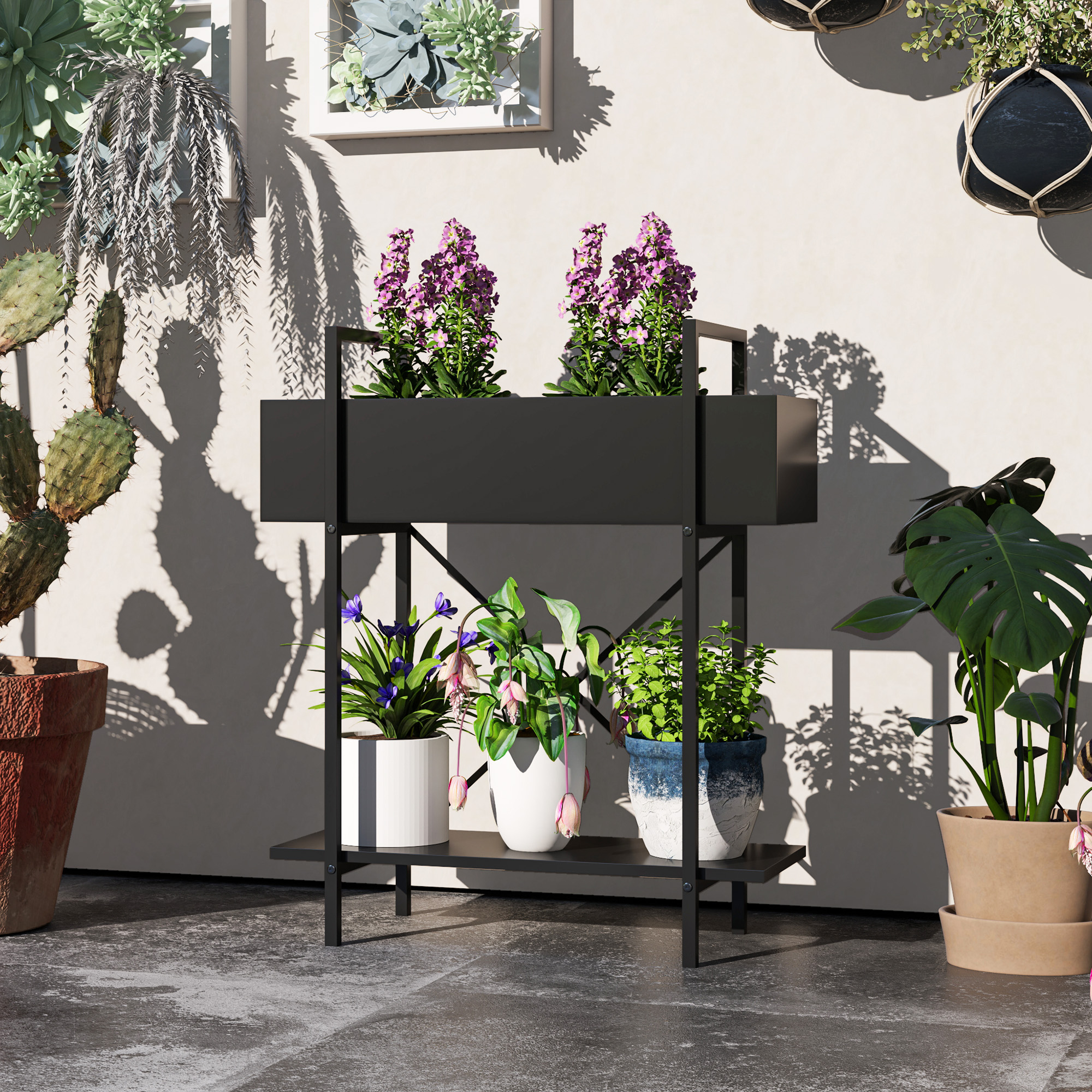 Pflanzenständer, Blumentopfständer mit 2 Ebenen, Ablauflöcher, für drinnen und draußen, Metall, Schwarz