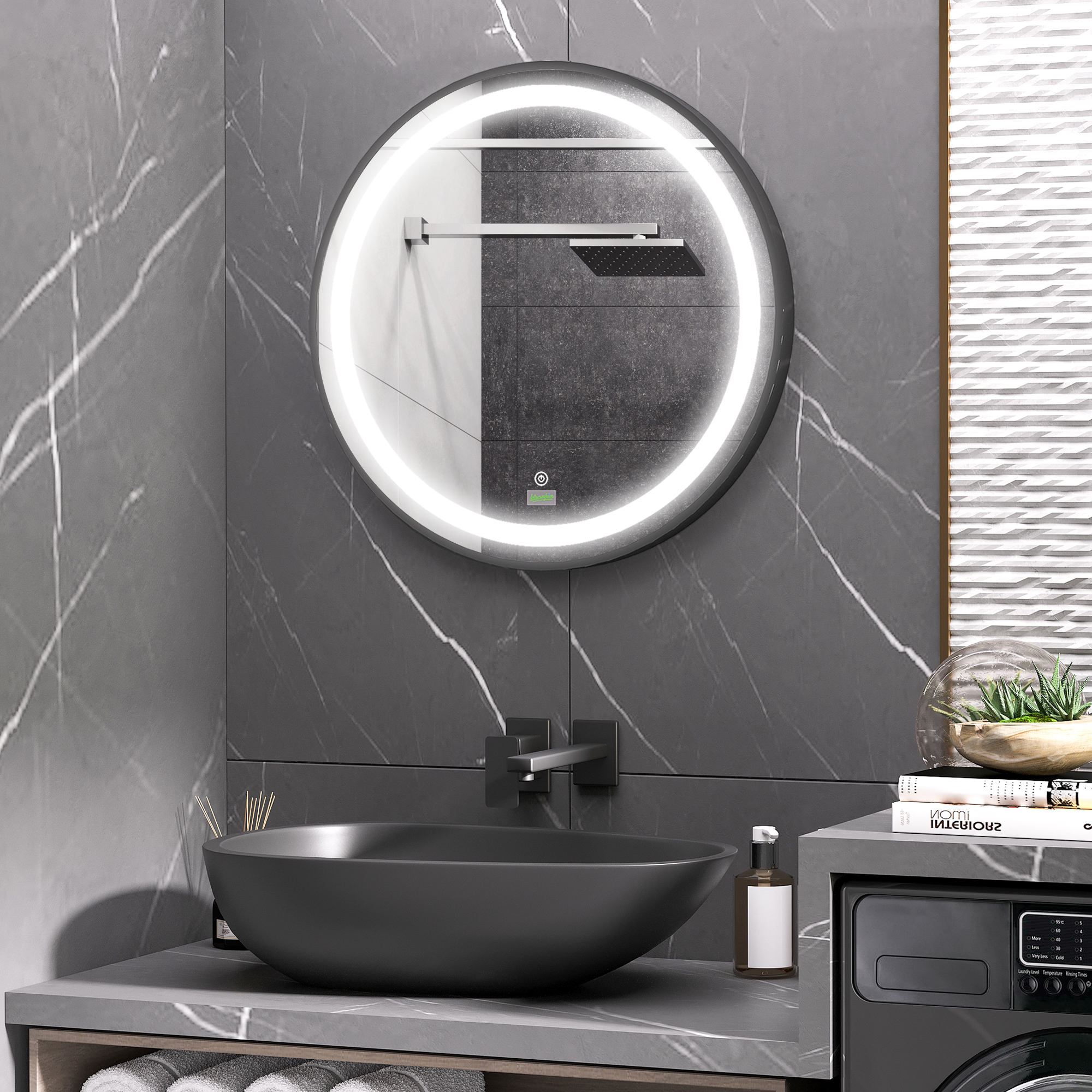 Badezimmerspiegel, LED-Beleuchtung, dimmbar, 3 Lichtfarben, Metallrahmen, Ø60 cm, Schwarz
