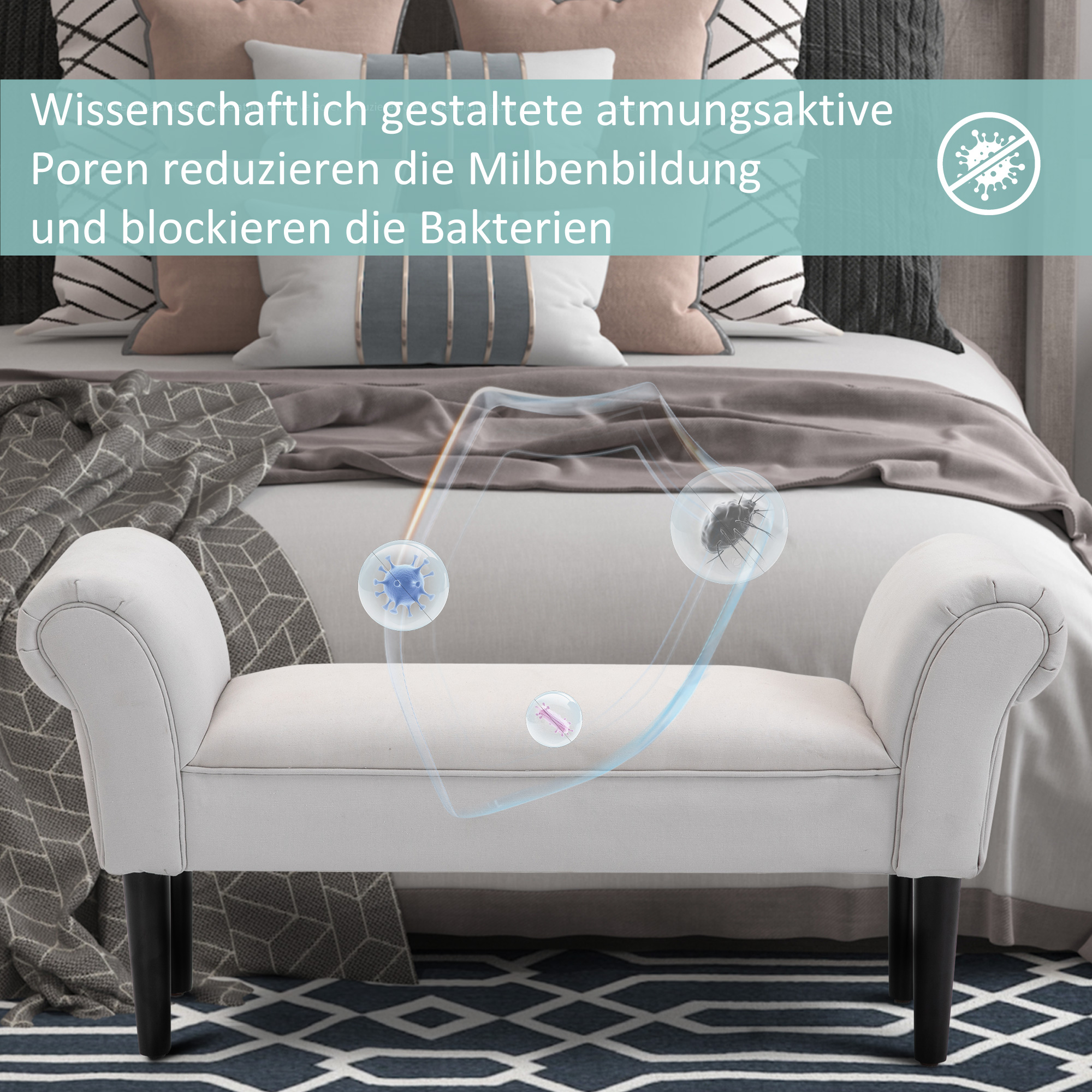 Bettbank, Polsterbank, Sitzbank, Flurbank für Schlafzimmer, bis 130 kg Belastbar, Segelstoff, Grau, 102 x 36 x 51 cm