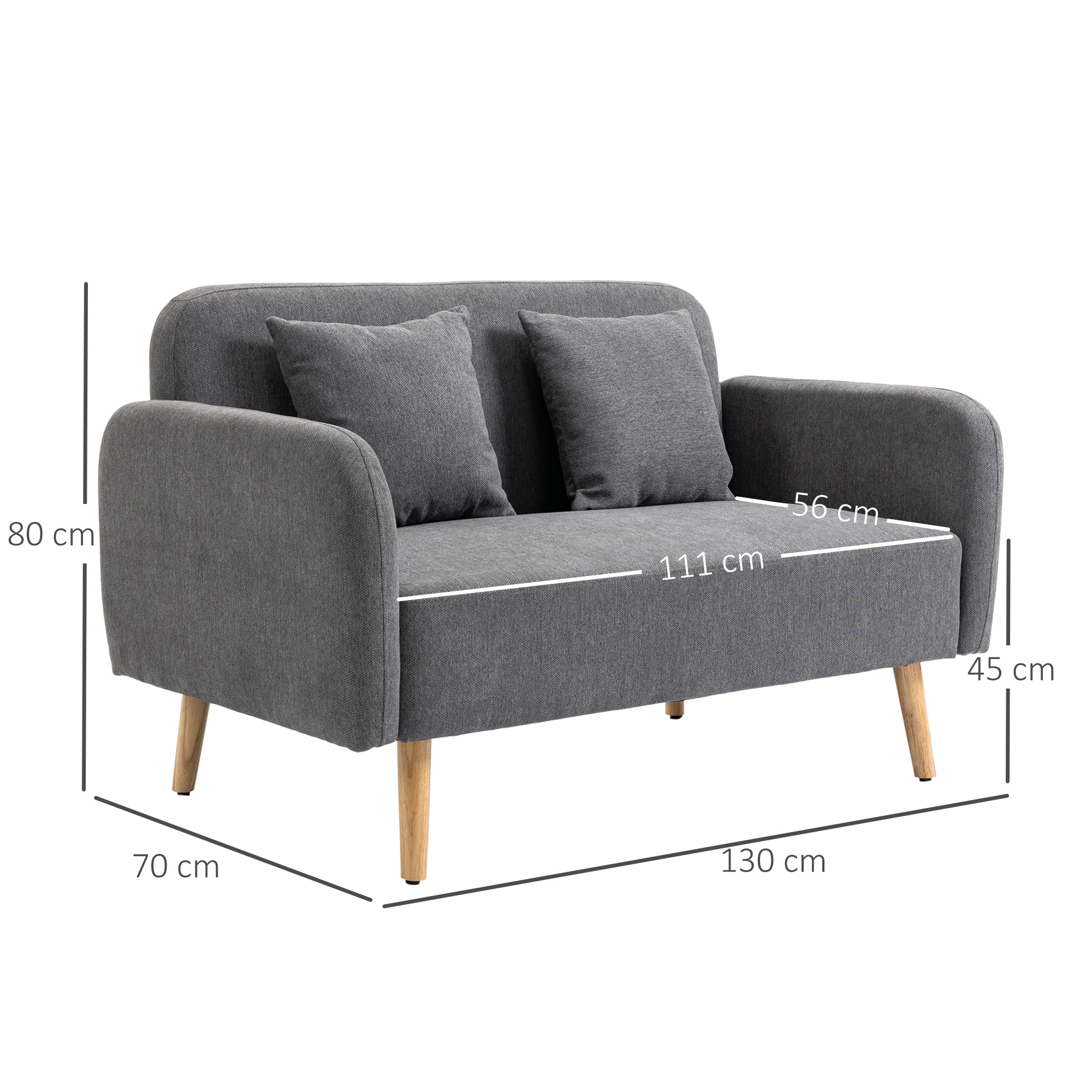 2 Sitzer Sofa, Couch mit 2 Wurfkissen, gepolsterter Doppelsofa, Polstersofa mit Samtopik, Armlehne, Loveseat für Wohnzimmer, Schlafzimmer,  130 x 70 x 80 cm, Grau