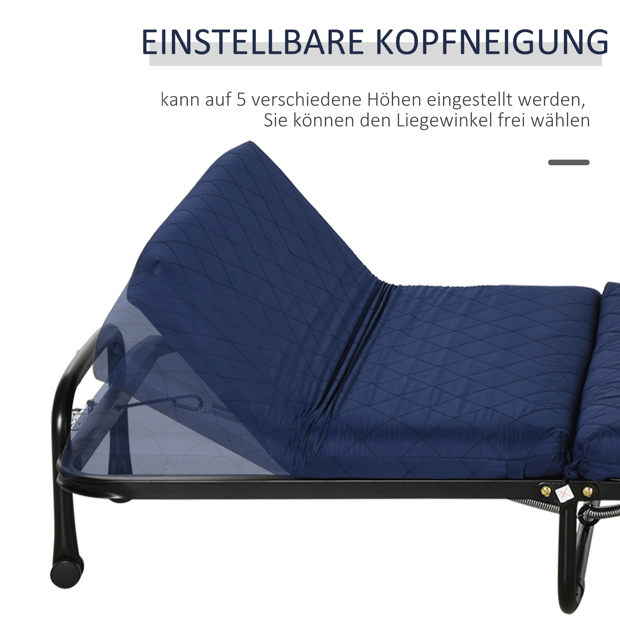 Klappbett 65x184 cm, Erwachsene Gästebett Klappbar mit 6 cm Dicker Schaumstoff, Reisebett mit Metallrahmen, Feldbett mit Rollen und höhenverstellbarem Kopfteil, bis 120 kg belastbar, Blau