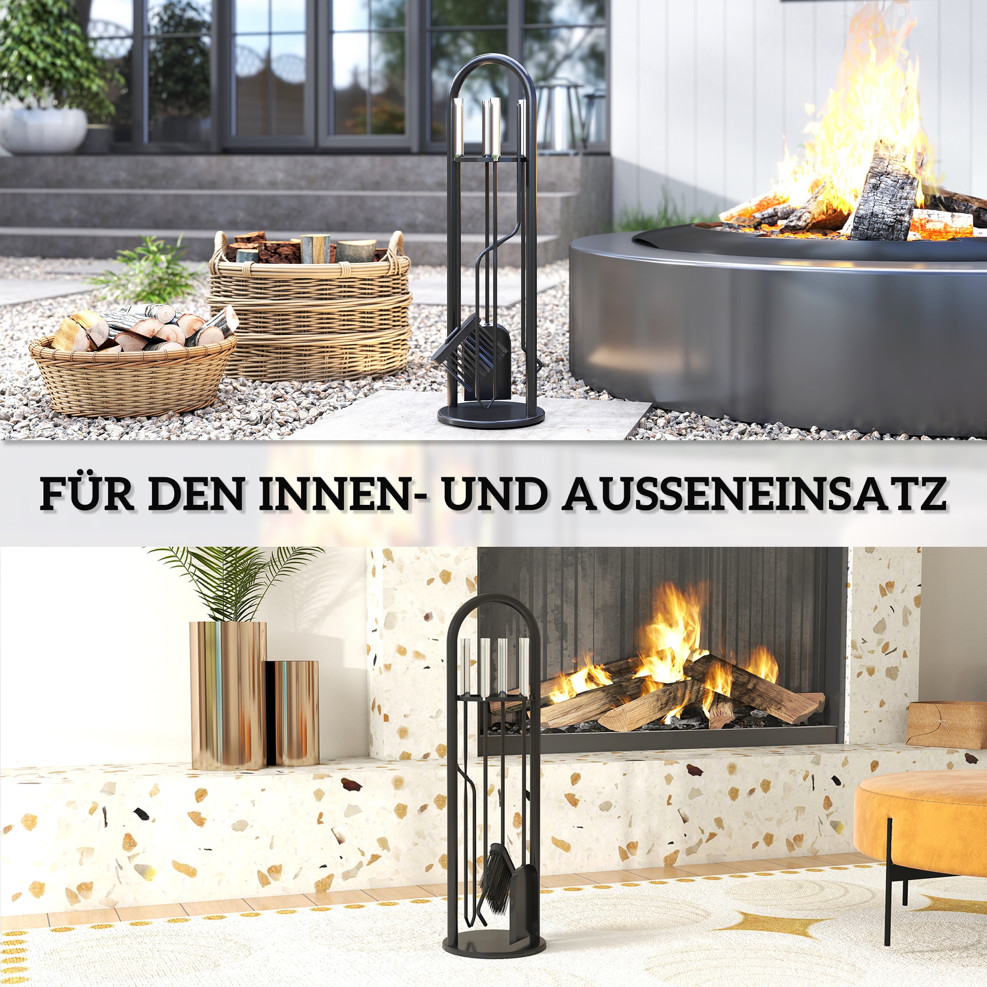 Kaminbesteck Set 5 teilig Kaminzubehör mit Besen, Schaufel, Schürhaken Zange Ständer