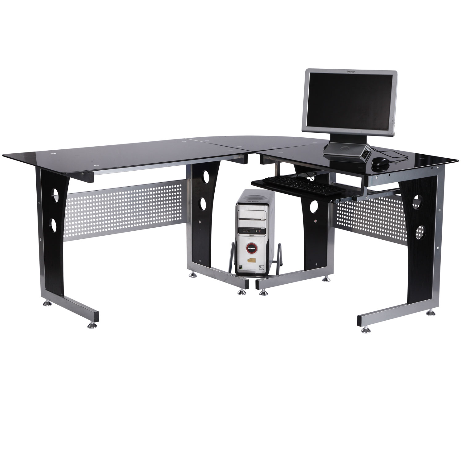 Computertisch Eckschreibtisch Schreibtisch Bürotisch PC Tisch mit schwarzem Sicherheitsglas L-förmig 164x139x75 cm