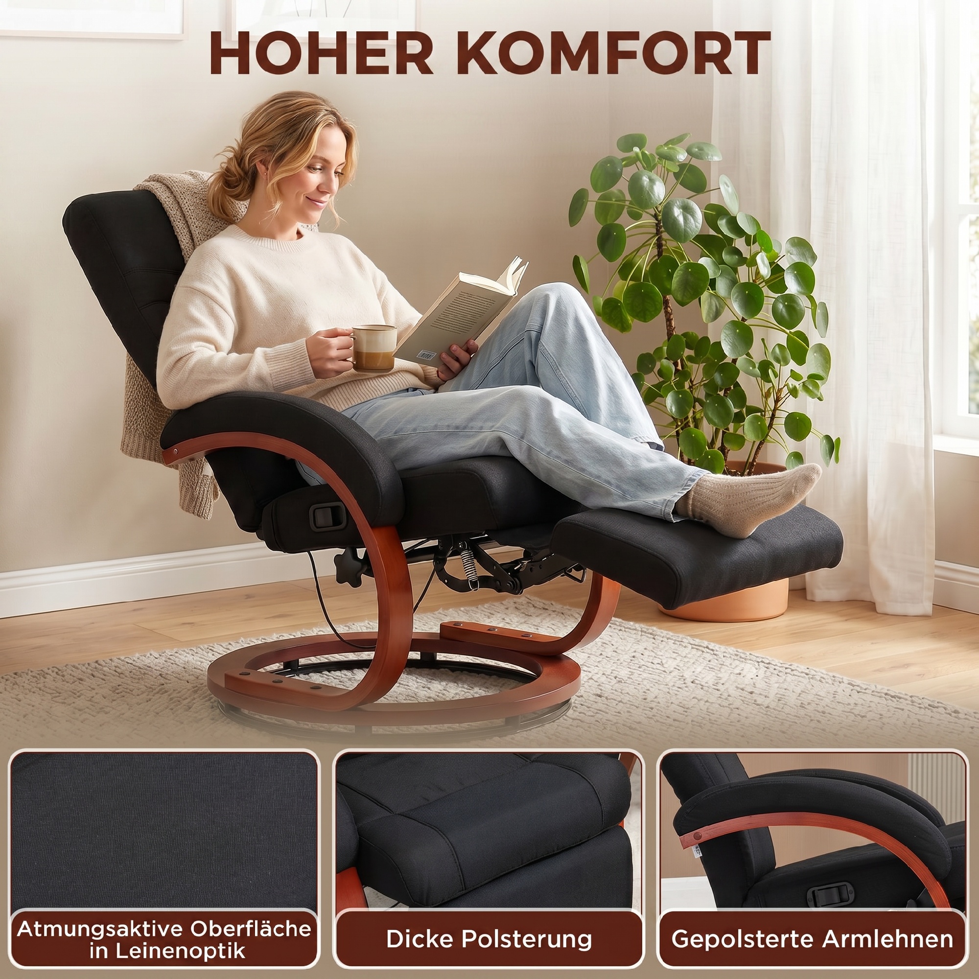 Relaxsessel mit Liegefunktion Fernsehsessel mit hoher Rückenlehne ergonomische Armlehne Fußstütze Holzbasis Leinenoptik
