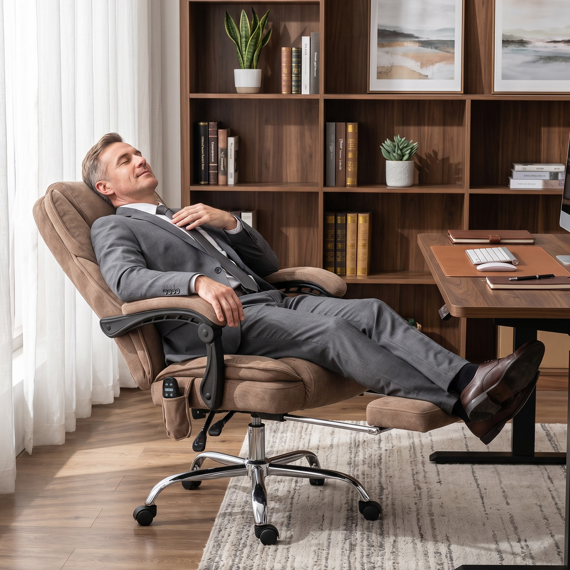 Ergonomischer Bürostuhl mit Massagefunktion, Fußstütze, drehbar, rollbar, Braun