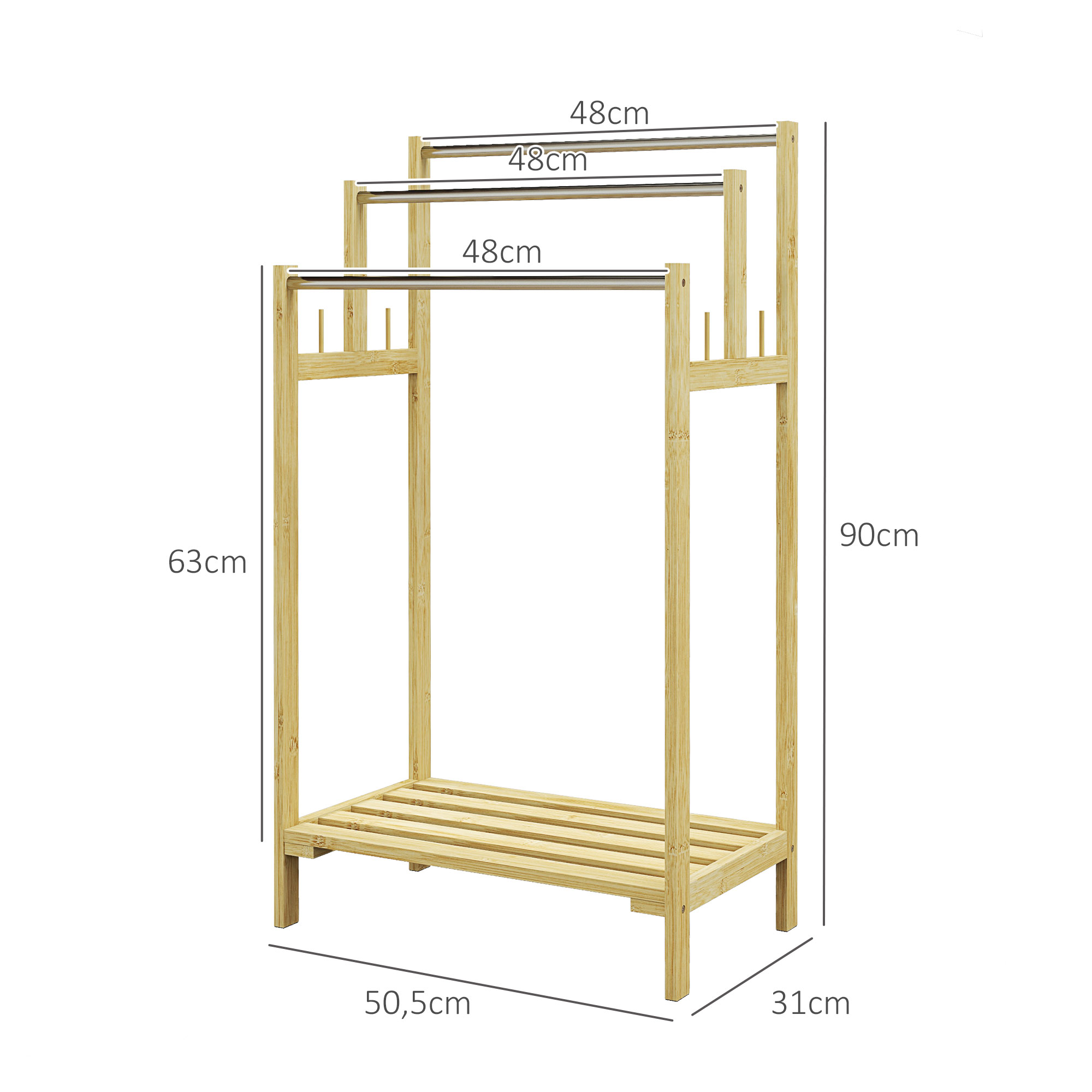 Handtuchhalter, freistehend, 3 Stangen, Bambus/Edelstahl, 50,5x31x90cm