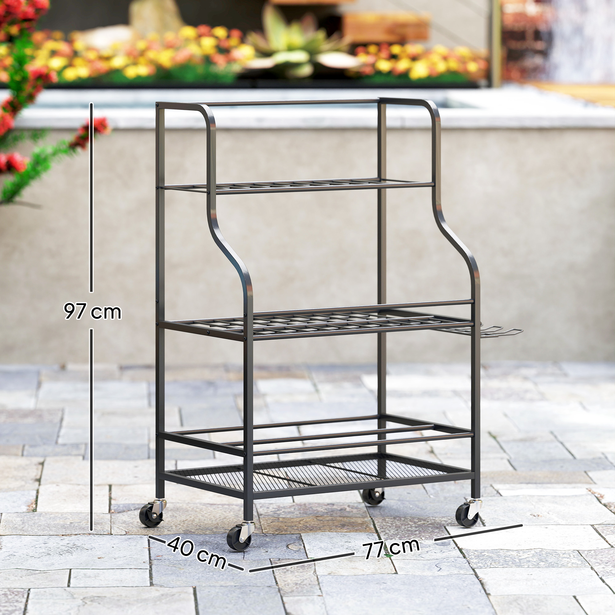 Gartenwerkzeug-Organizer 3-stufig Gartengeräte Ständer mit Haken bis 40 kg belast 77x40x97cm Schwarz