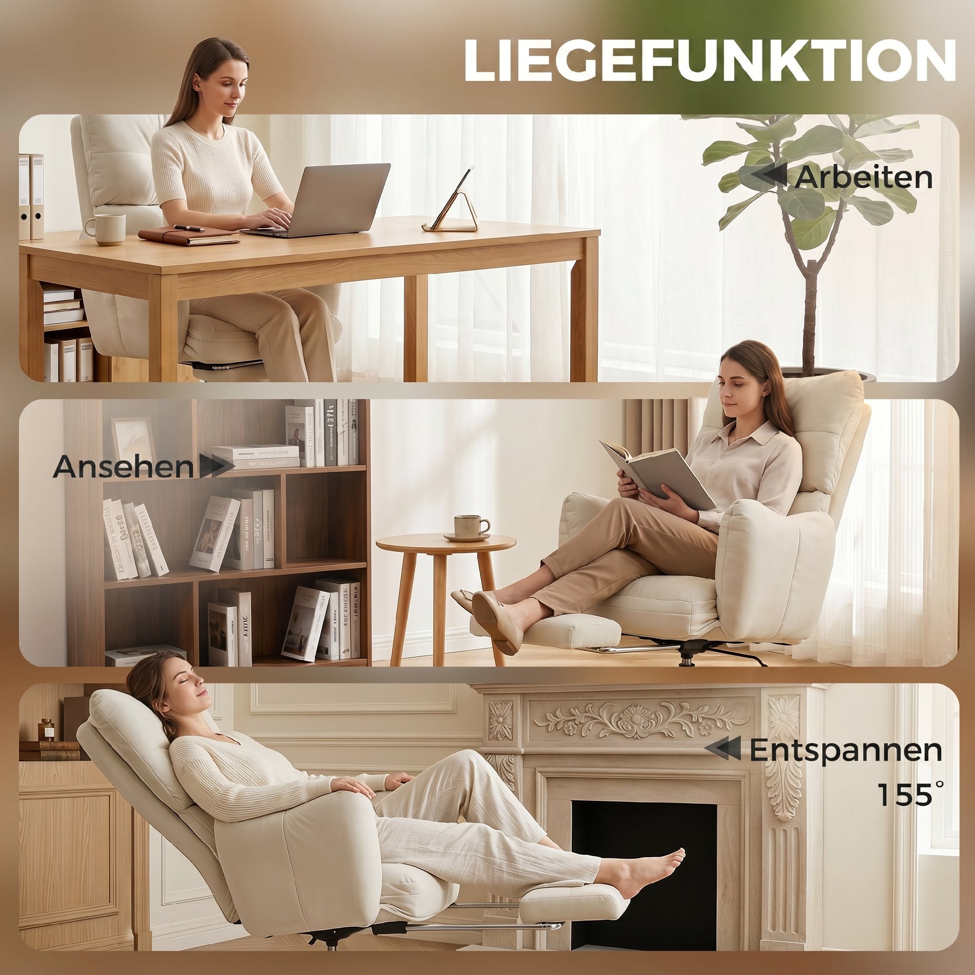 Bürostuhl mit Fußstütze, Ergonomischer Drehstuhl mit Wippfunktion, Verstellbarer Hohe Rückenlehne, Schneeflanellstoff