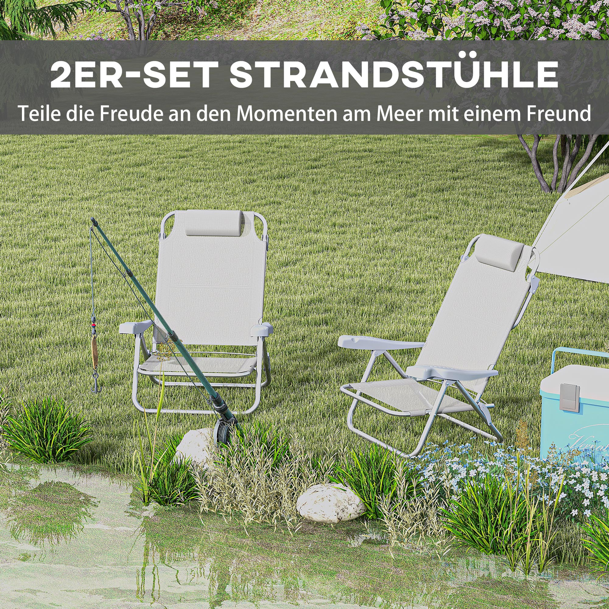 2er Set Campingstühle klappbar Campingstuhl mit 6-fach verstellbarer Netzrückenlehne Kopfstütze 62 x 65 x 80 cm Hellgrau