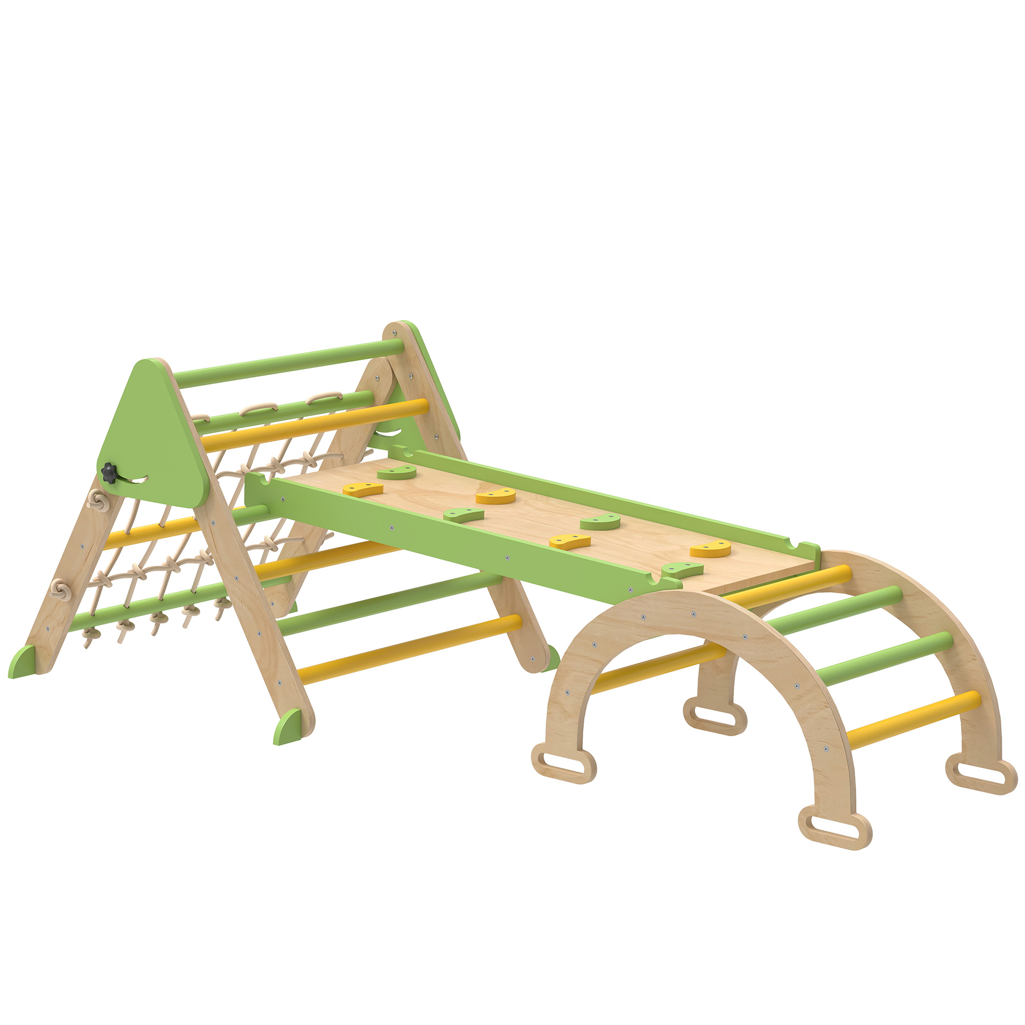 8-in-1 Montessori Klettergerüst Indoor Holz Kletterdreieck mit Kletterbogen, doppelseitiger Rutsche, Grün