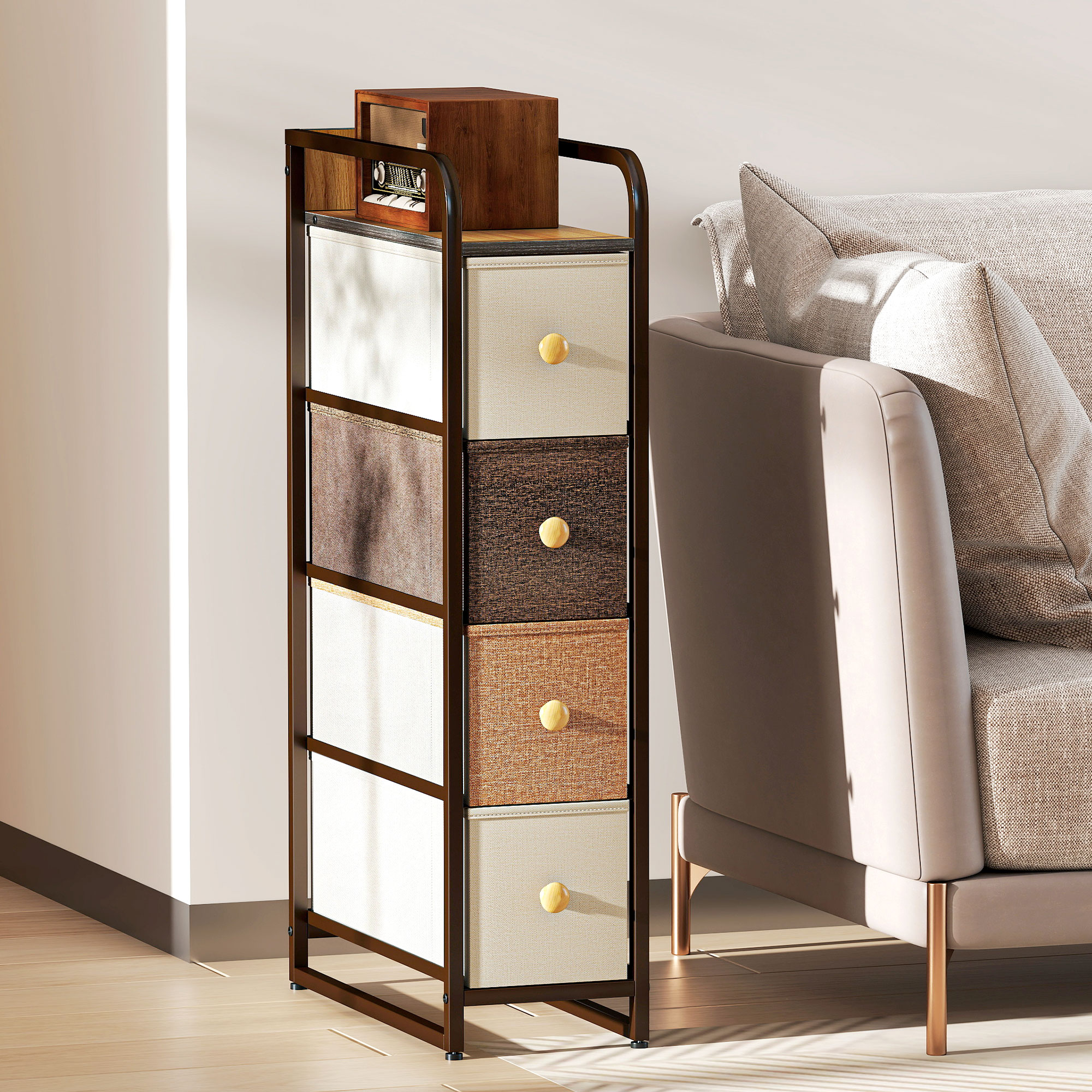 Kommode Schrank mit 4 Schubladen aus Vliesstoff Aufbewahrungsschrank mit Stahlrahmen, 20 x 47 x 84,5 cm, Mehrfarbig