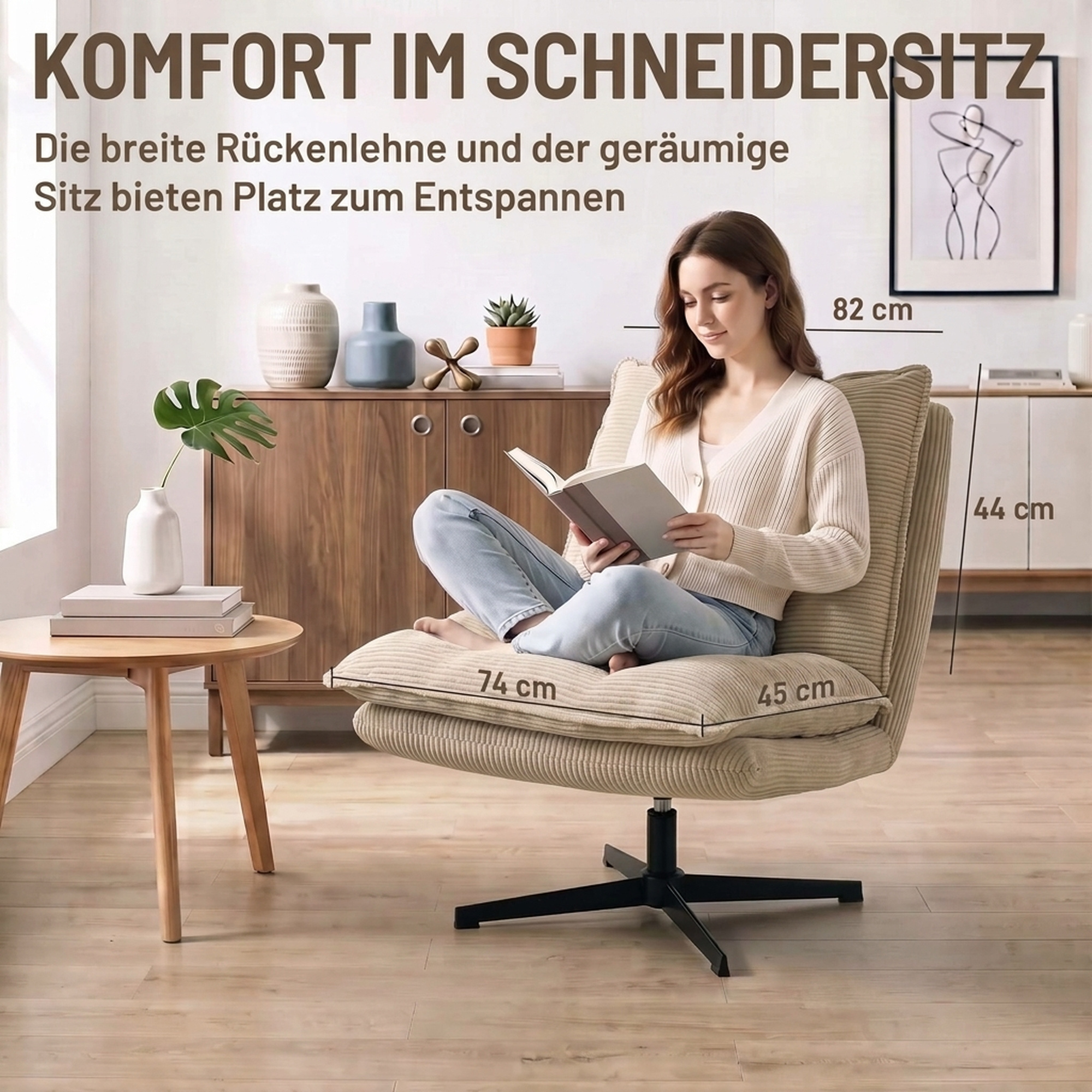Loungesessel mit Hocker, 360° drehbar, Cordbezug, höhenverstellbare Fußstütze, Beige