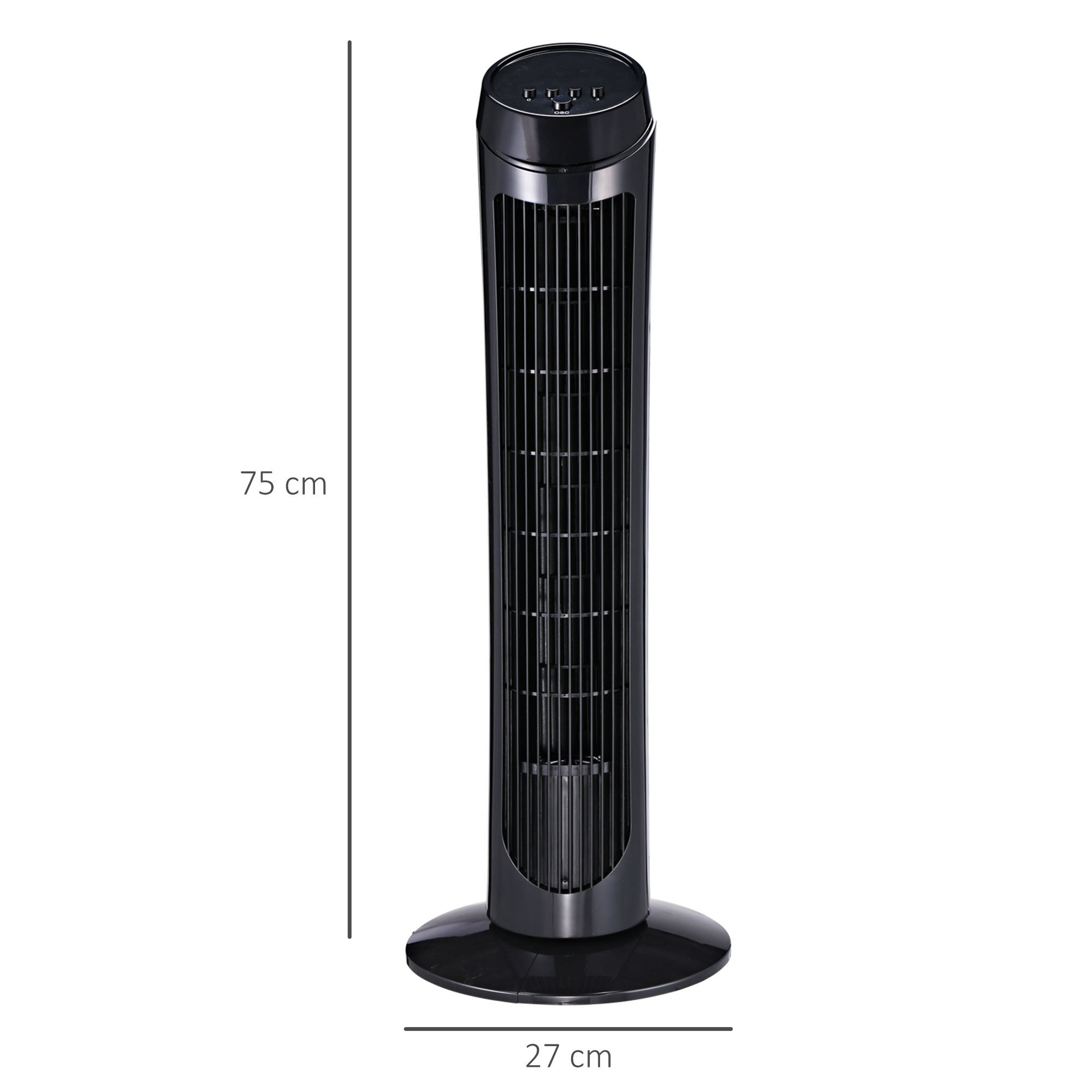 Standventilator 45 W Turmventilator Ventilator leise 3 Belüftungsstufen, 70° Oszillation, ABS, Schwarz, Ø27 x H75 cm