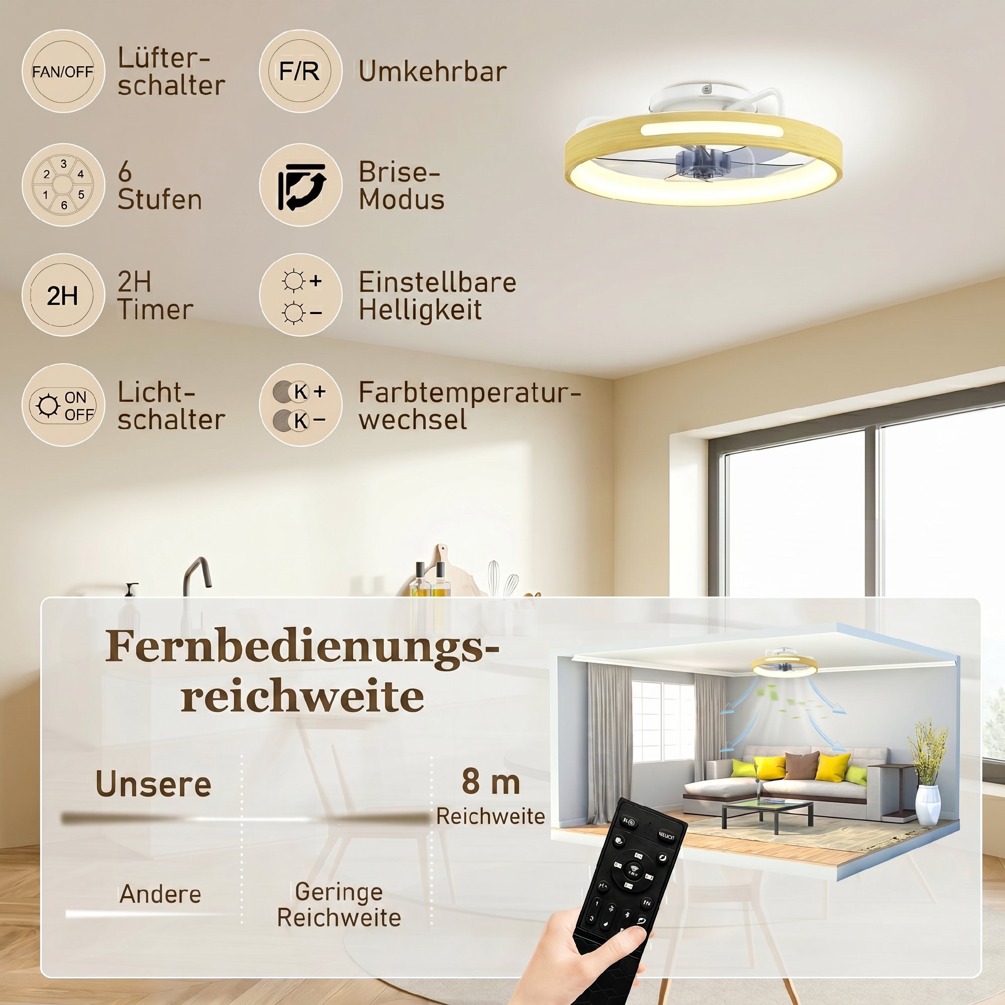 Deckenventilator mit Licht und Fernbedienung, 49 cm LED-Deckenventilator mit 3 Farbtemperaturen, natürliches Holzfinish