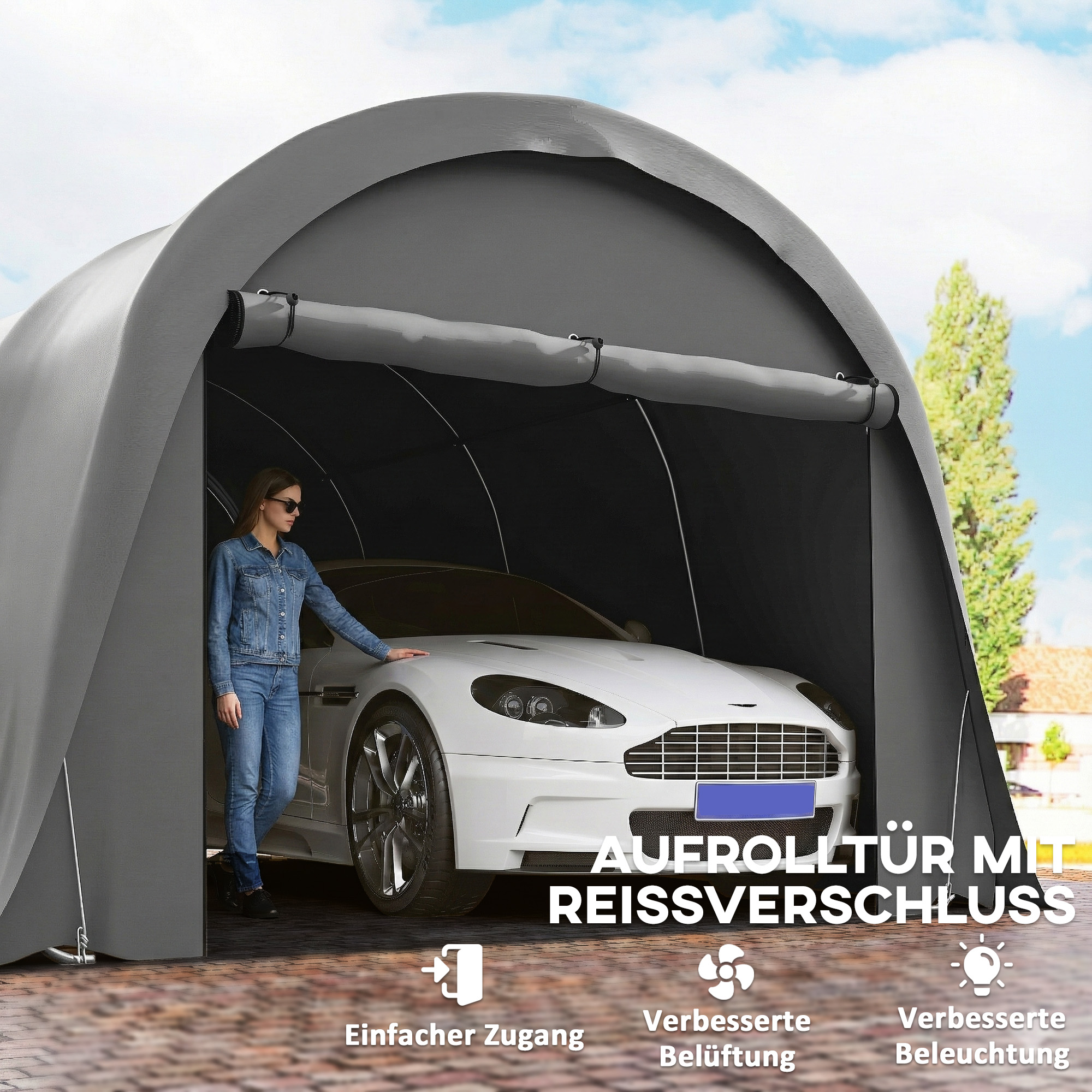 Carport Zeltgarage 3x6m Winterfest wasserdichtes Lagerzelt mit abnehmbaren Seitenwänden großer Rolltor, UPF50+