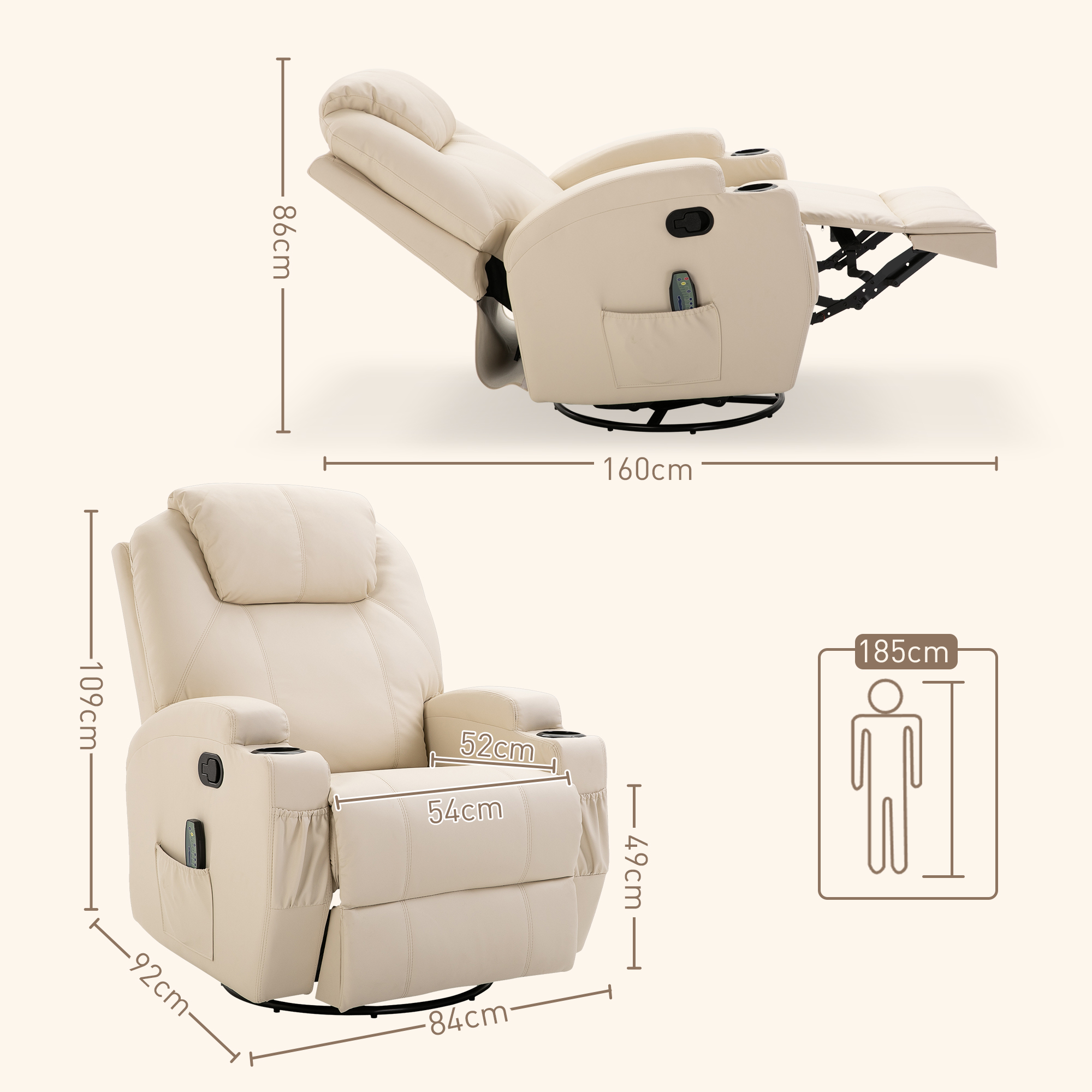 Massagesessel Elektrisch Relaxsessel Fernsehsessel Massagefunktion 5 Massage-Modi Liegefunktion Kunstleder Holz Metall Schaumstoff Cremeweiß 84 x 92 x 109 cm
