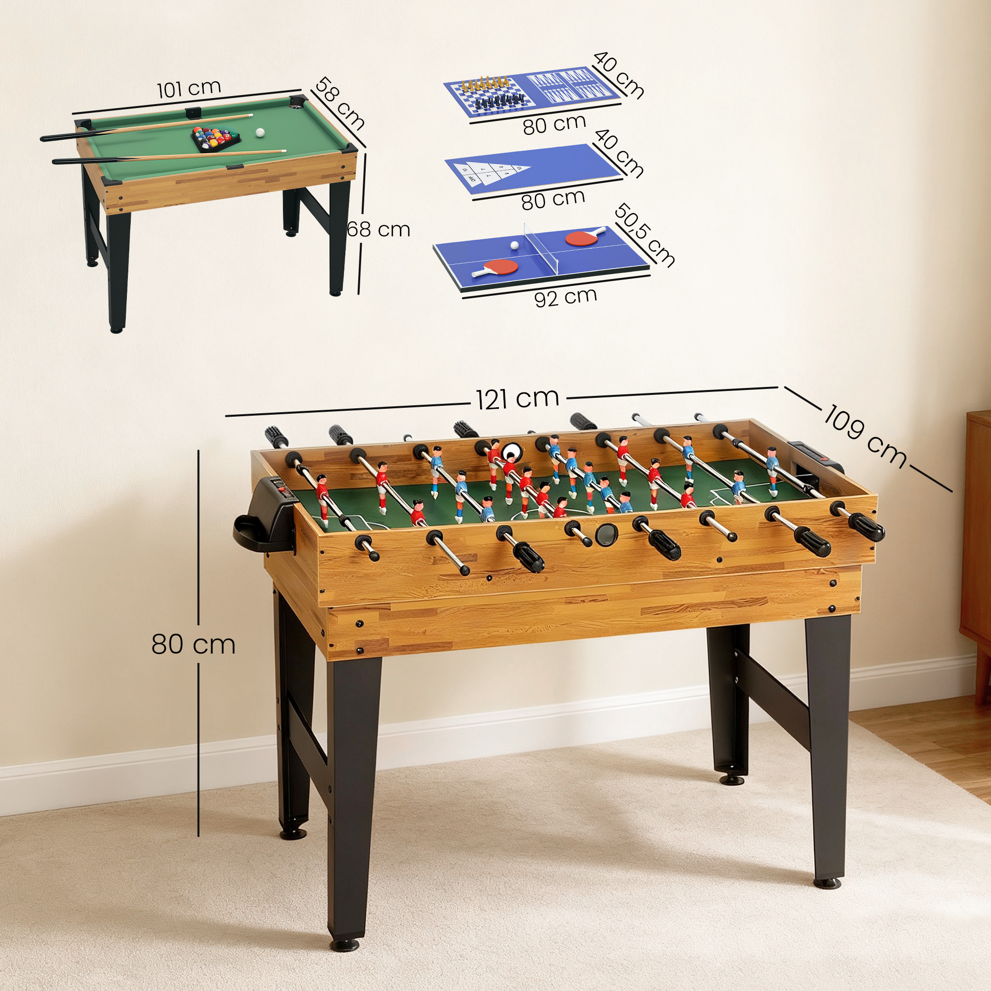 13-in-1 Spieletisch, Tischfußball, Schach, Billard, Tischtennis und mehr, MDF, Kunststoff, Walnuss