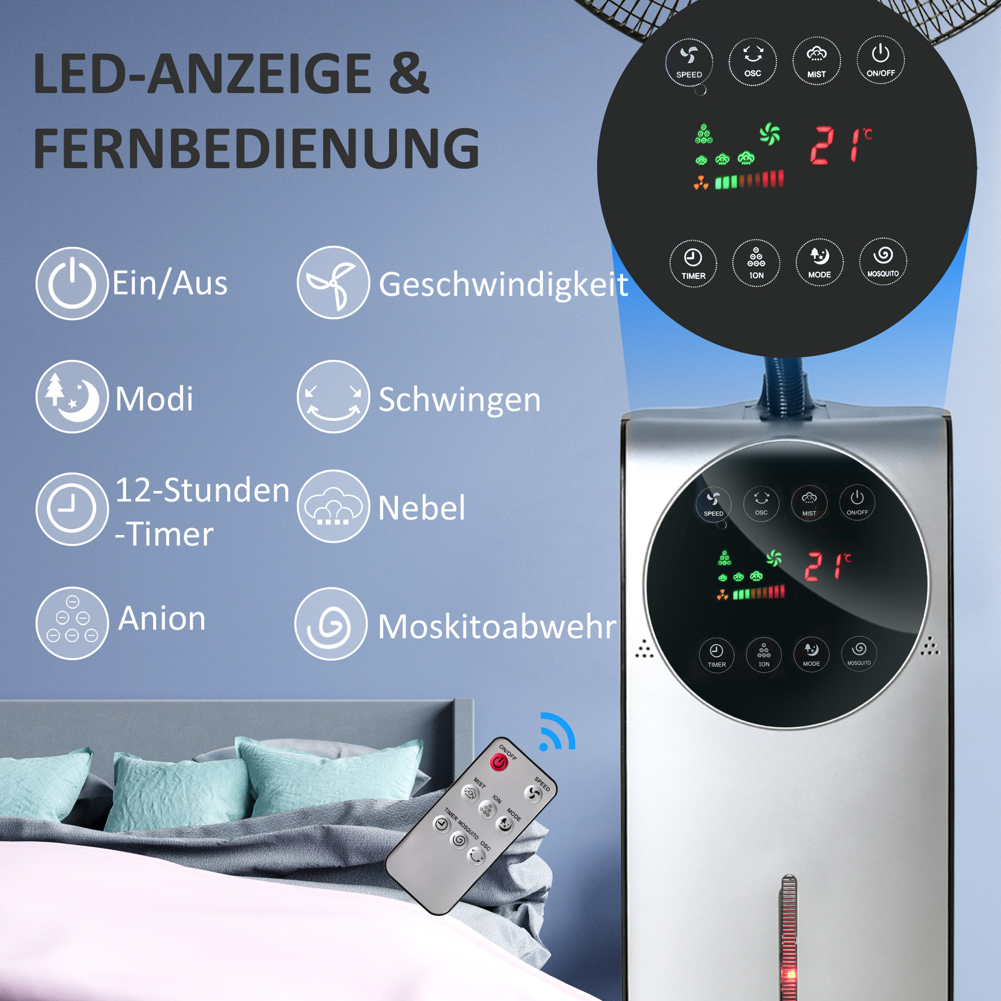 2-in-1 Ventilator, LED-Display, Timerfunktion, Ø 44,5 x 135H cm, Silber + Schwarz