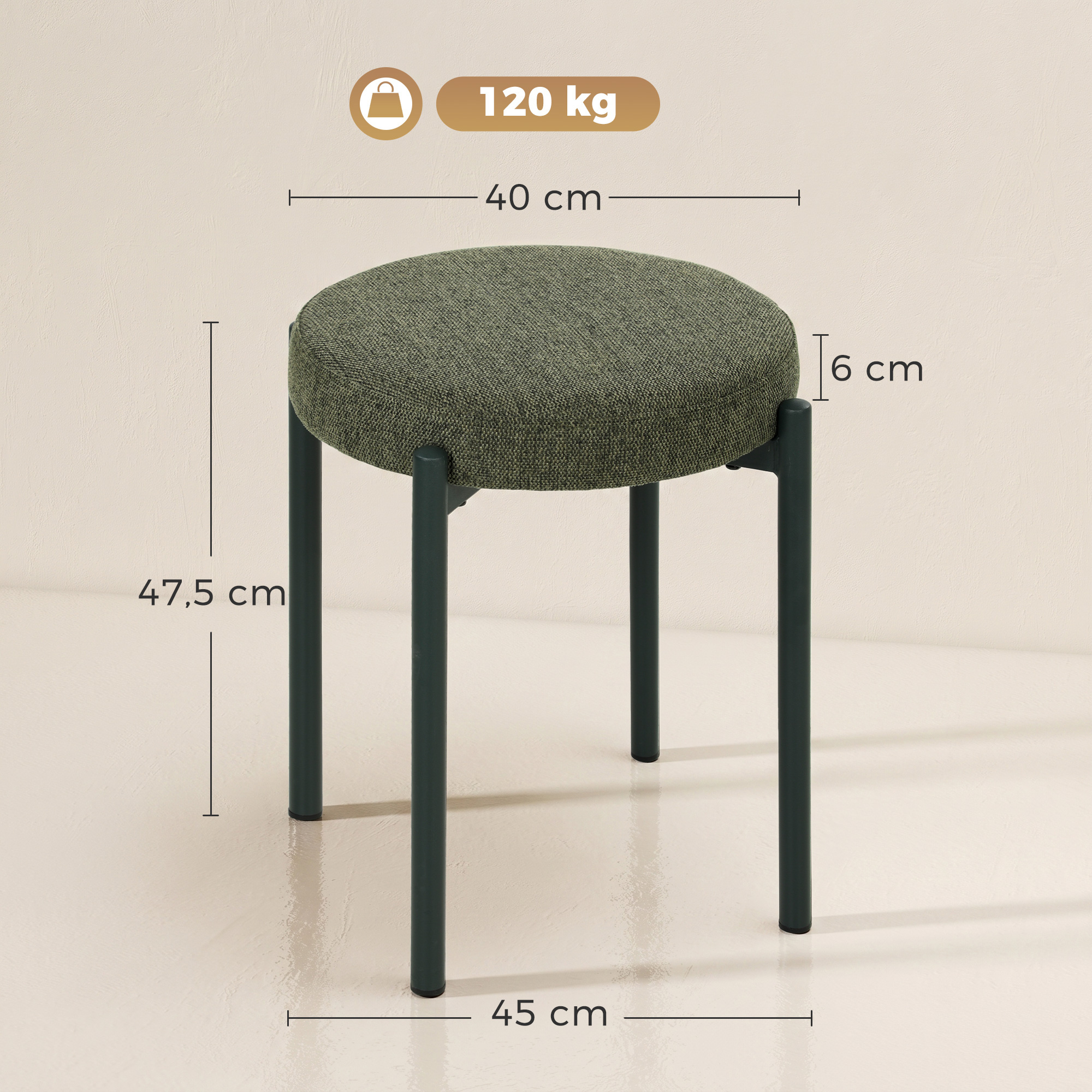 Esszimmerhocker 4er Set Stapelbare Sitzhocker mit Stahlbeinen, Leinenoptik für Esszimmer, Wohnzimmer, Küche, Dunkelgrün